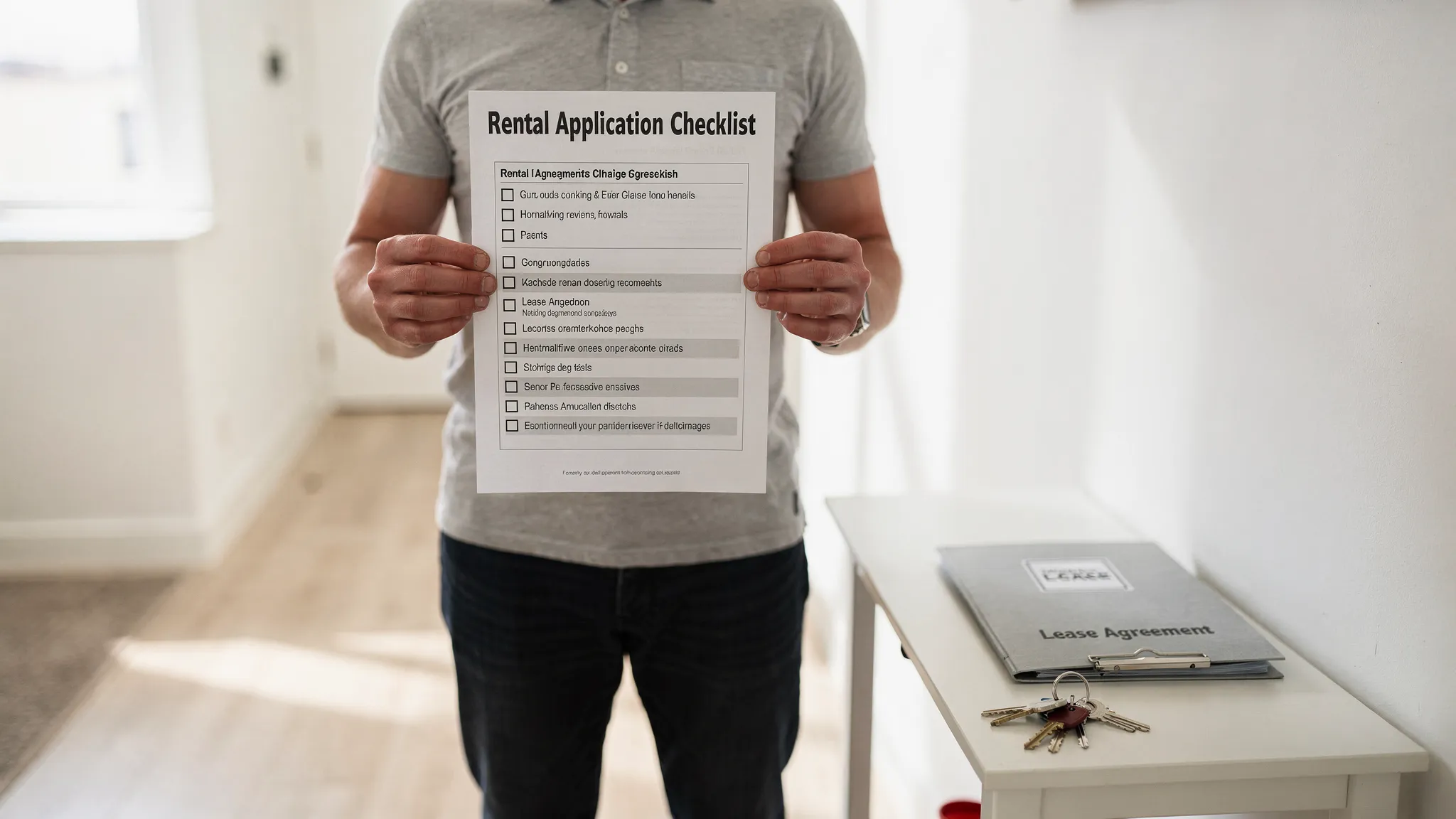 A person holding a printed rental application checklist while standing in a bright apartment entryway, with a key ring and a lease folder visible on a nearby table.