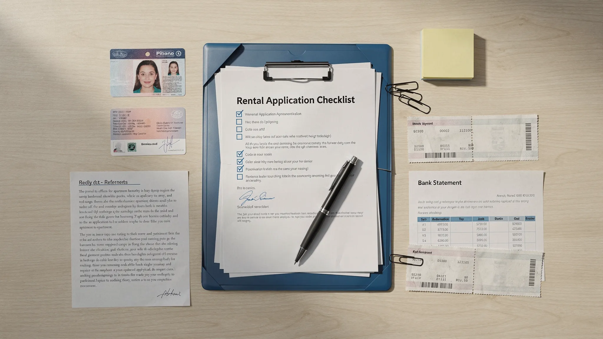 A tidy desk with a renter application packet: passport/ID, printed offer letter, pay stubs, bank statements, reference letters, and a checklist on top, arranged neatly with a pen and folder.
