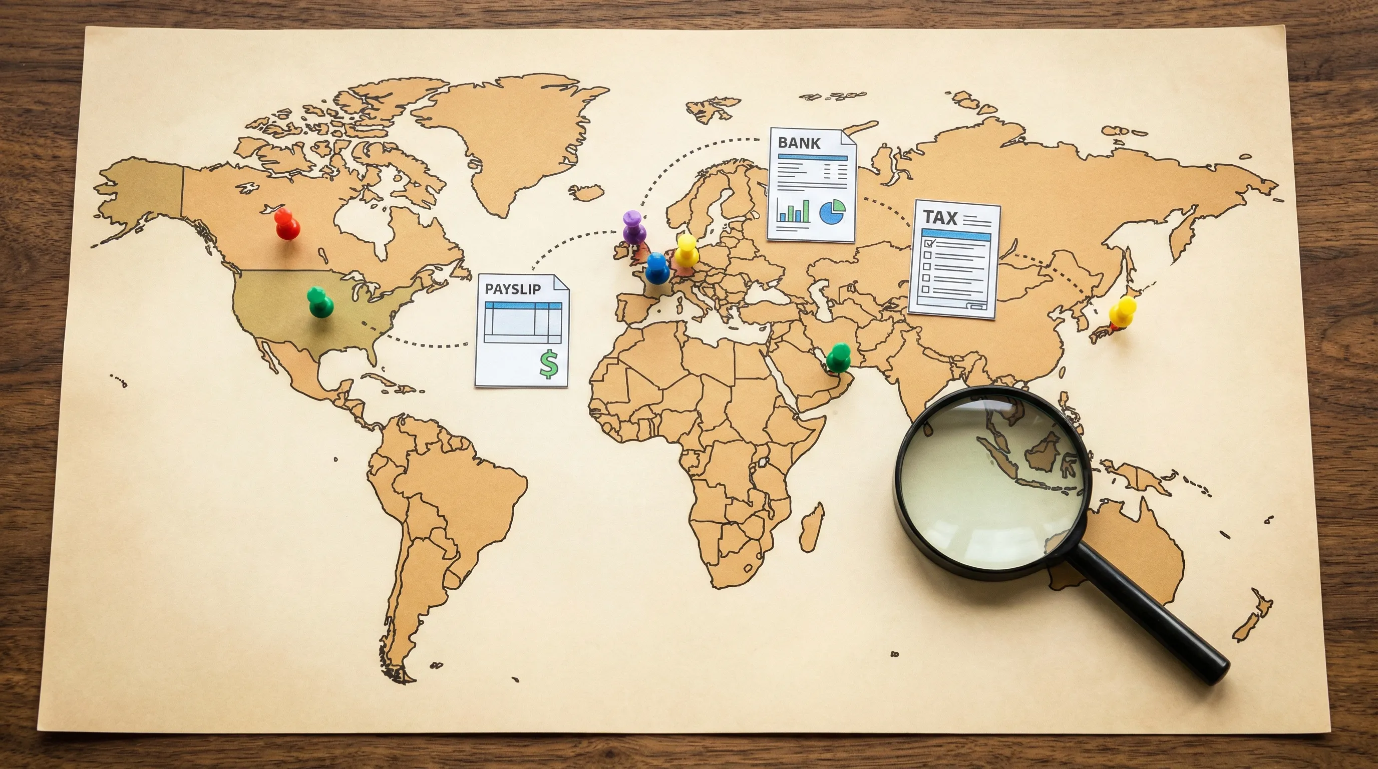 A simple world map with location pins over the US, Canada, UK, Germany, France, UAE, and Japan, plus small icons of a payslip, bank statement, and tax form to show that required income documents vary by country.