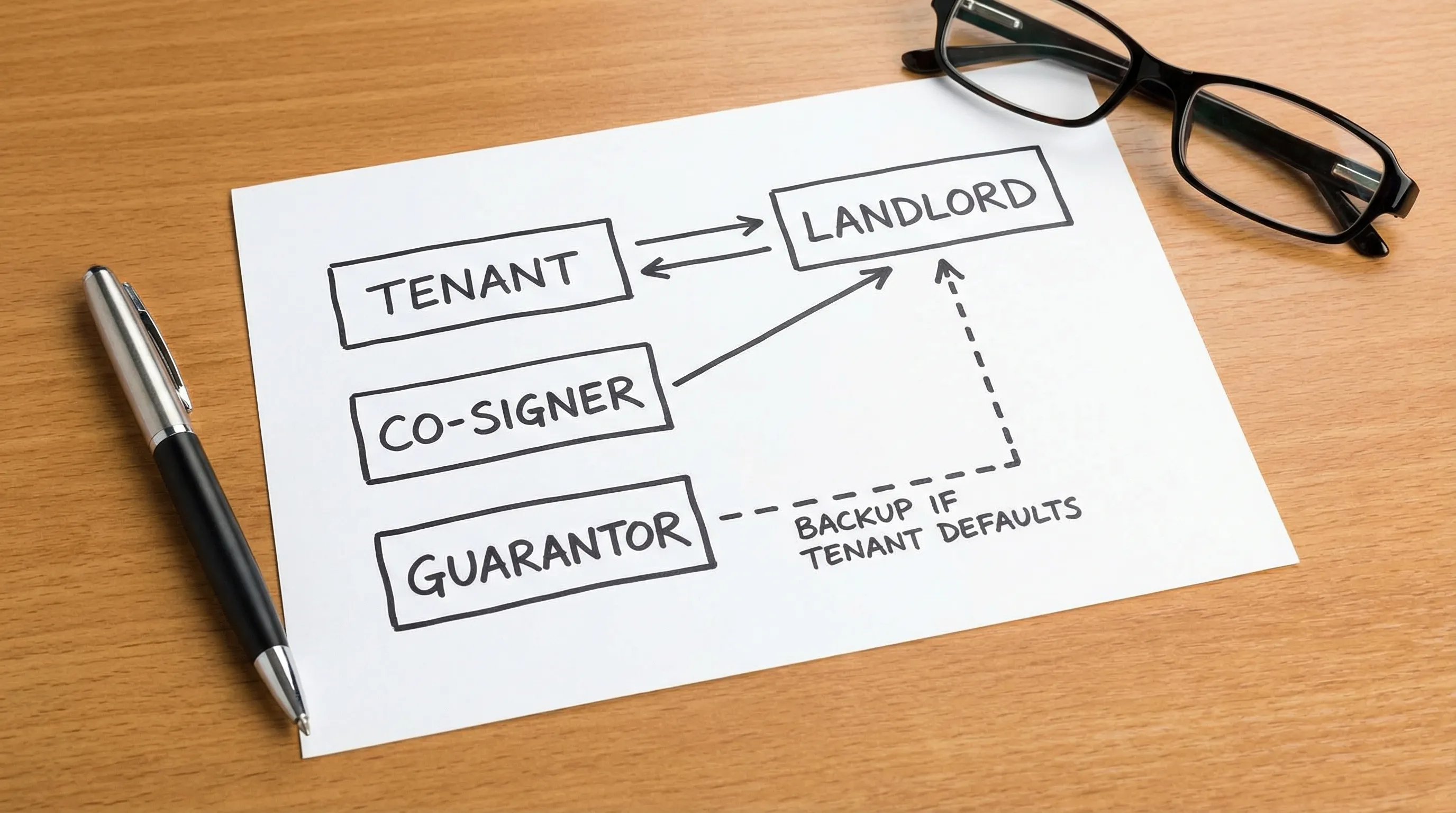 A simple diagram with four labeled elements showing tenant and landlord relationship, with a co-signer linked equally to the landlord, and a guarantor linked as backup if the tenant defaults.