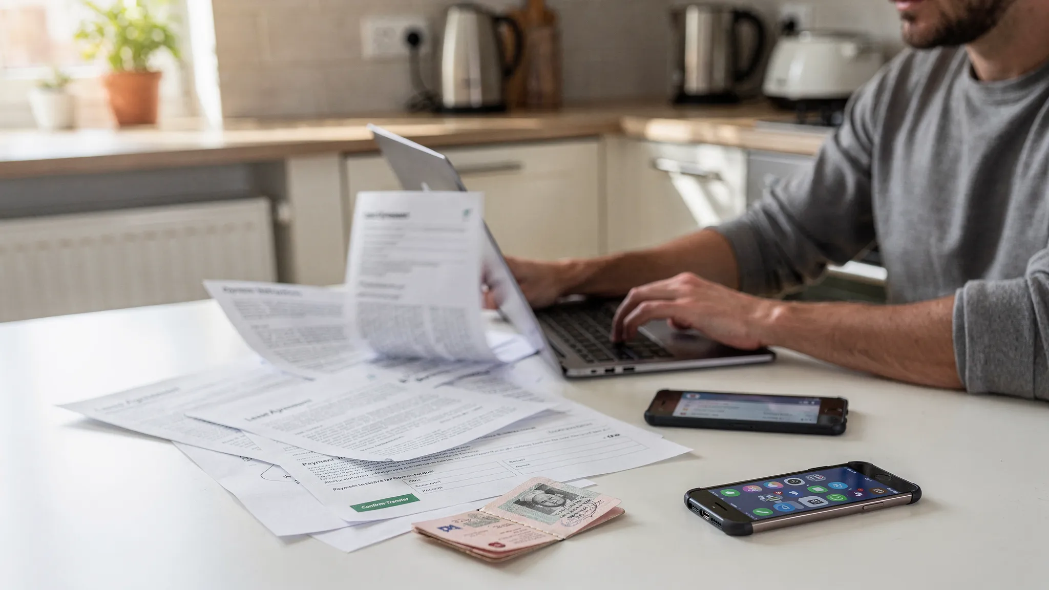A renter at a kitchen table reviewing a lease and payment instructions on paper while making an online bank transfer on a laptop, with a passport and a phone nearby to suggest an international move.