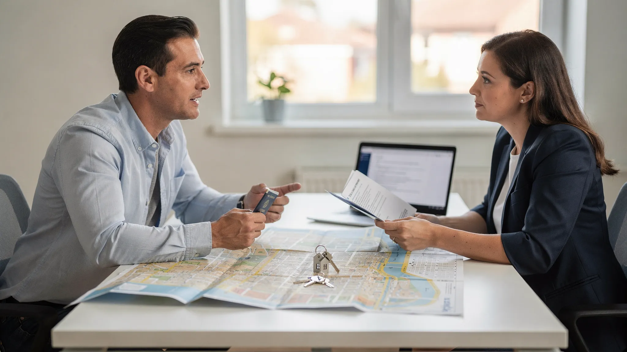 A relocator speaking with a relocation manager while holding a passport and a folder of rental documents, with a city map and apartment keys on a desk nearby.