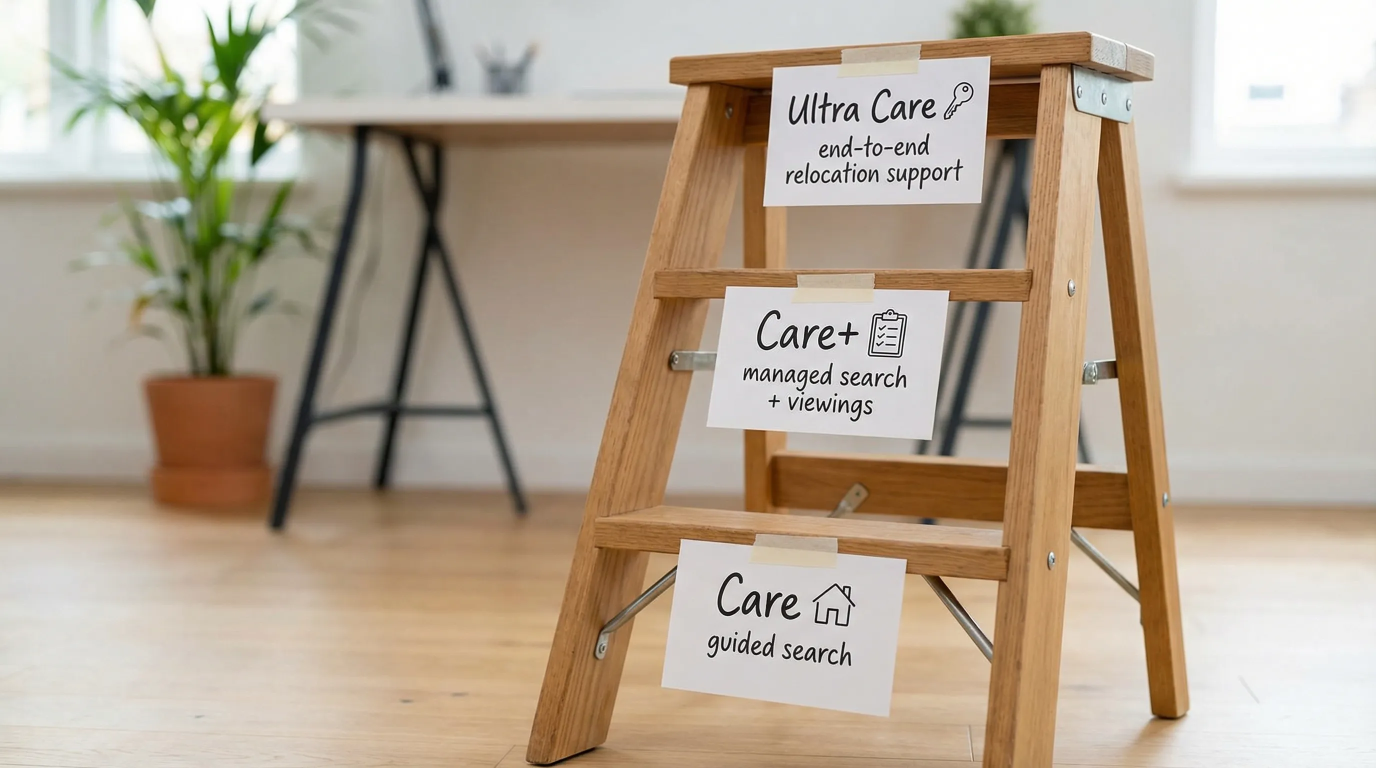 A simple three-step ladder diagram labeled Care, Care+, and Ultra Care, with each step showing a short phrase: “guided search,” “managed search + viewings,” and “end-to-end relocation support.” Minimal icons for a home, a checklist, and a key.
