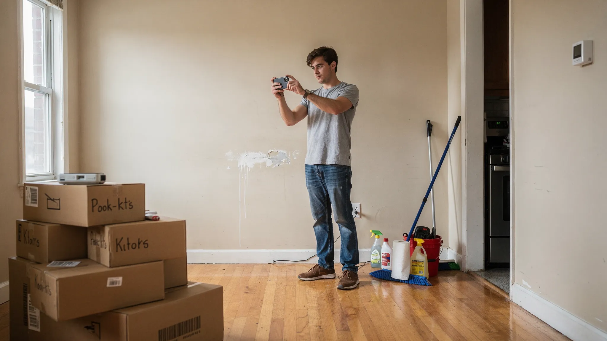 A renter stands in an empty apartment photographing walls, floors, appliances, and meter readings with a phone. Moving boxes and cleaning supplies are visible, and the scene clearly shows a documented move-out walkthrough.