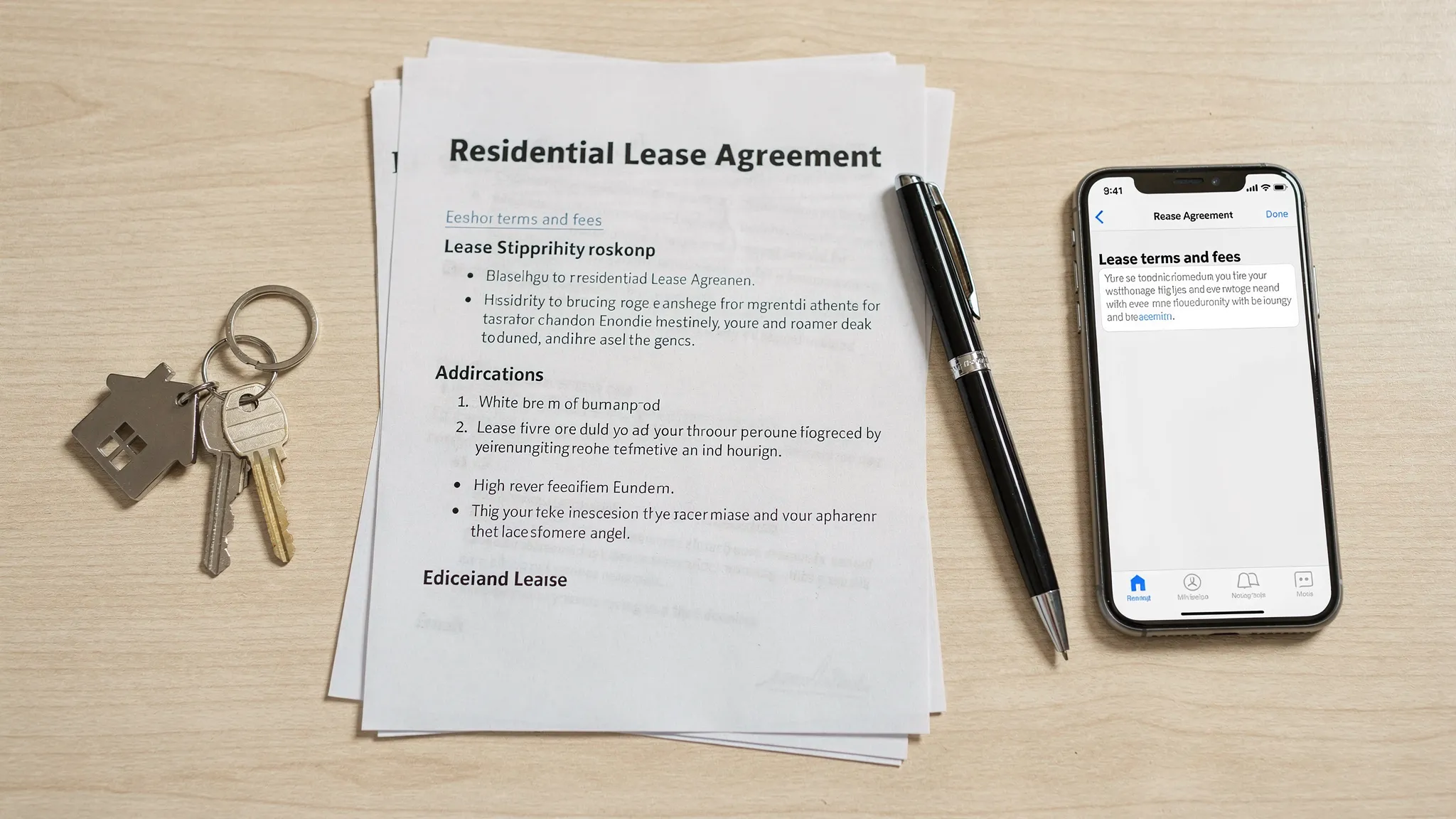 A simple checklist scene: printed rental documents, a pen, keys on a keyring, and a phone showing an email thread labeled “Lease terms and fees” on a desk.