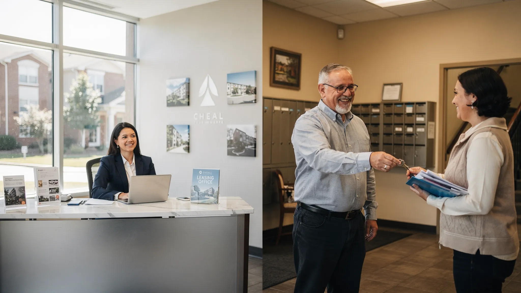 A split scene showing a modern apartment building leasing office with a leasing agent at a desk on one side, and a private landlord handing keys to a tenant in a smaller residential building lobby on the other side.
