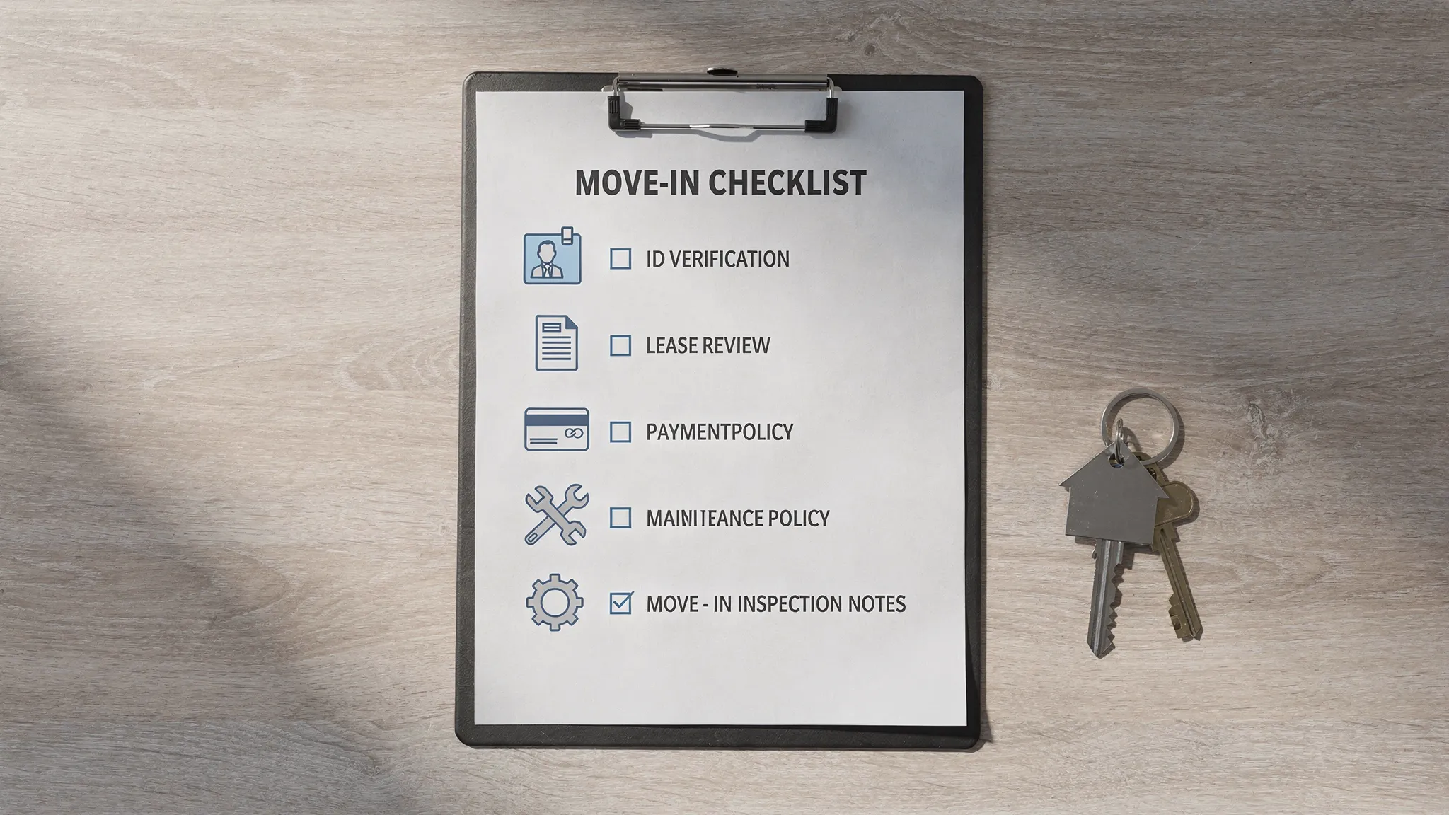A simple checklist on a clipboard with icons for ID verification, lease review, payment method, maintenance policy, and move-in inspection notes, laid on a desk next to apartment keys.