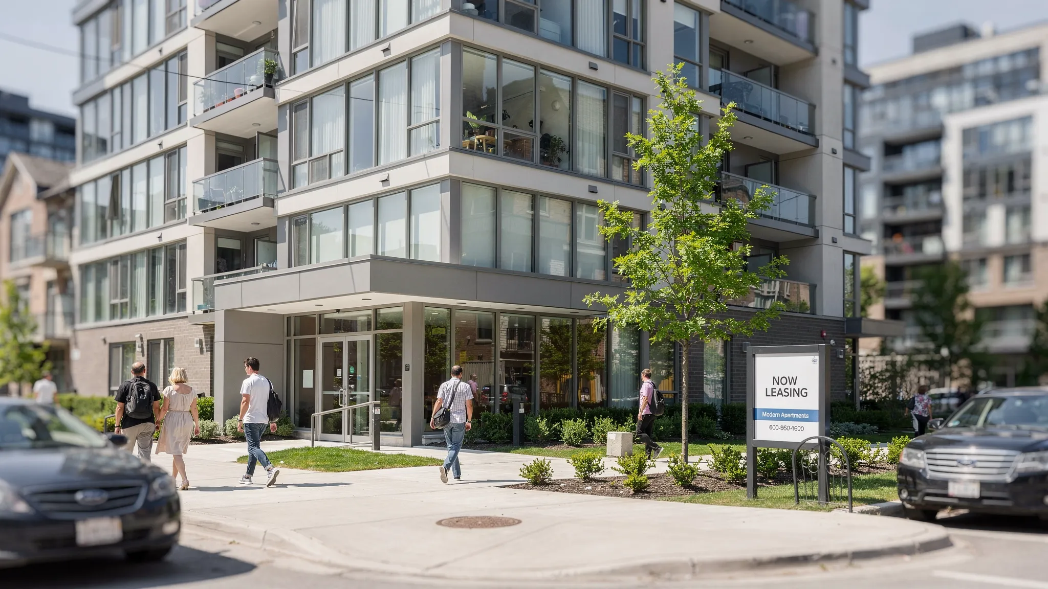 A modern Canadian apartment building exterior in a city neighborhood, with a leasing sign near the entrance and pedestrians on the sidewalk.