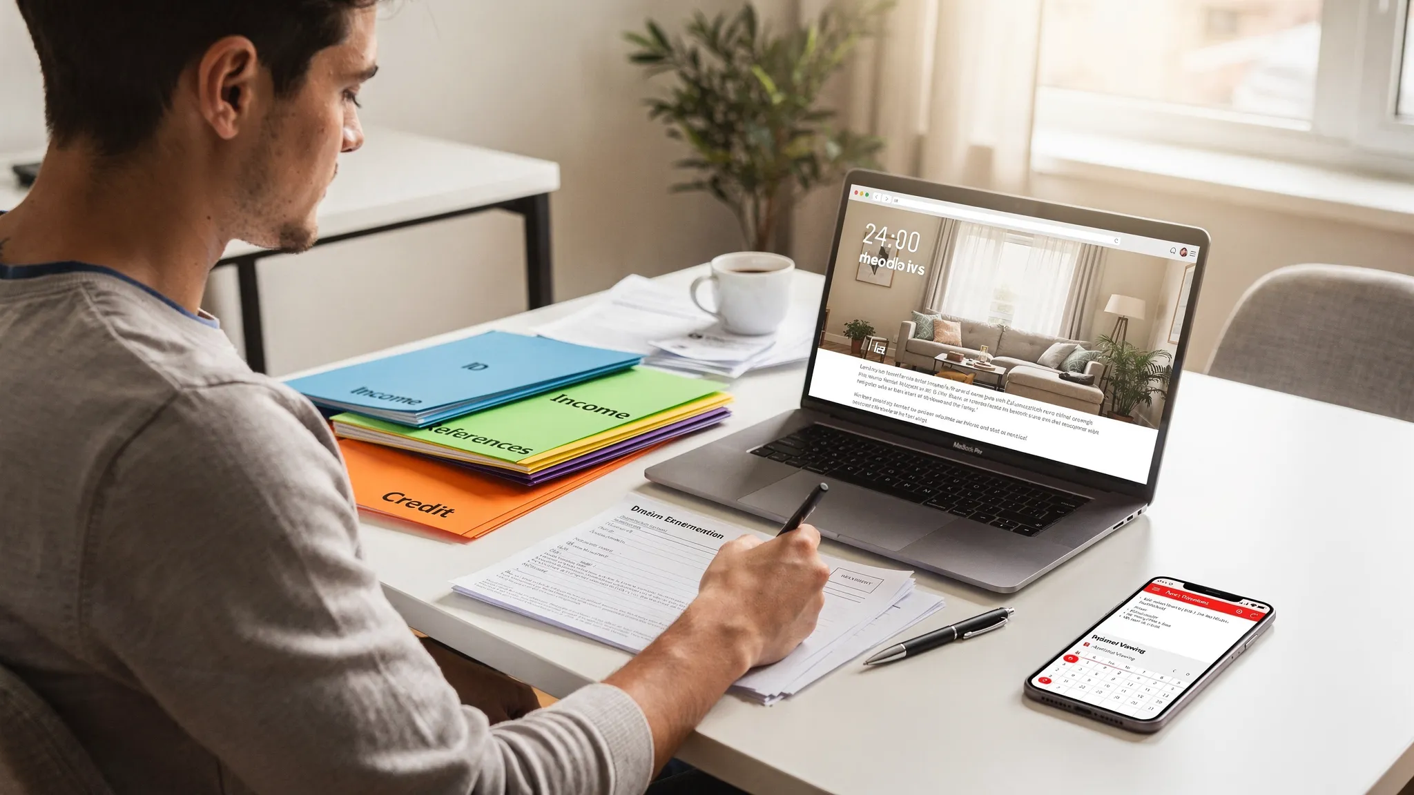 A renter sits at a tidy desk organizing a rental application packet with labeled folders (ID, income, references, credit), a laptop open to an apartment listing, and a phone showing a calendar reminder for a viewing.