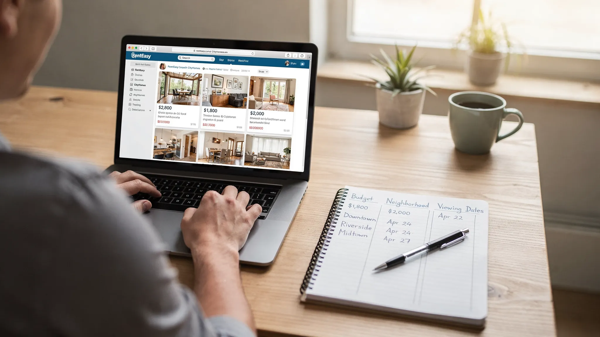 A person comparing apartment listings on multiple rental websites on a laptop, with a notebook showing a budget, neighborhood names, and viewing dates.