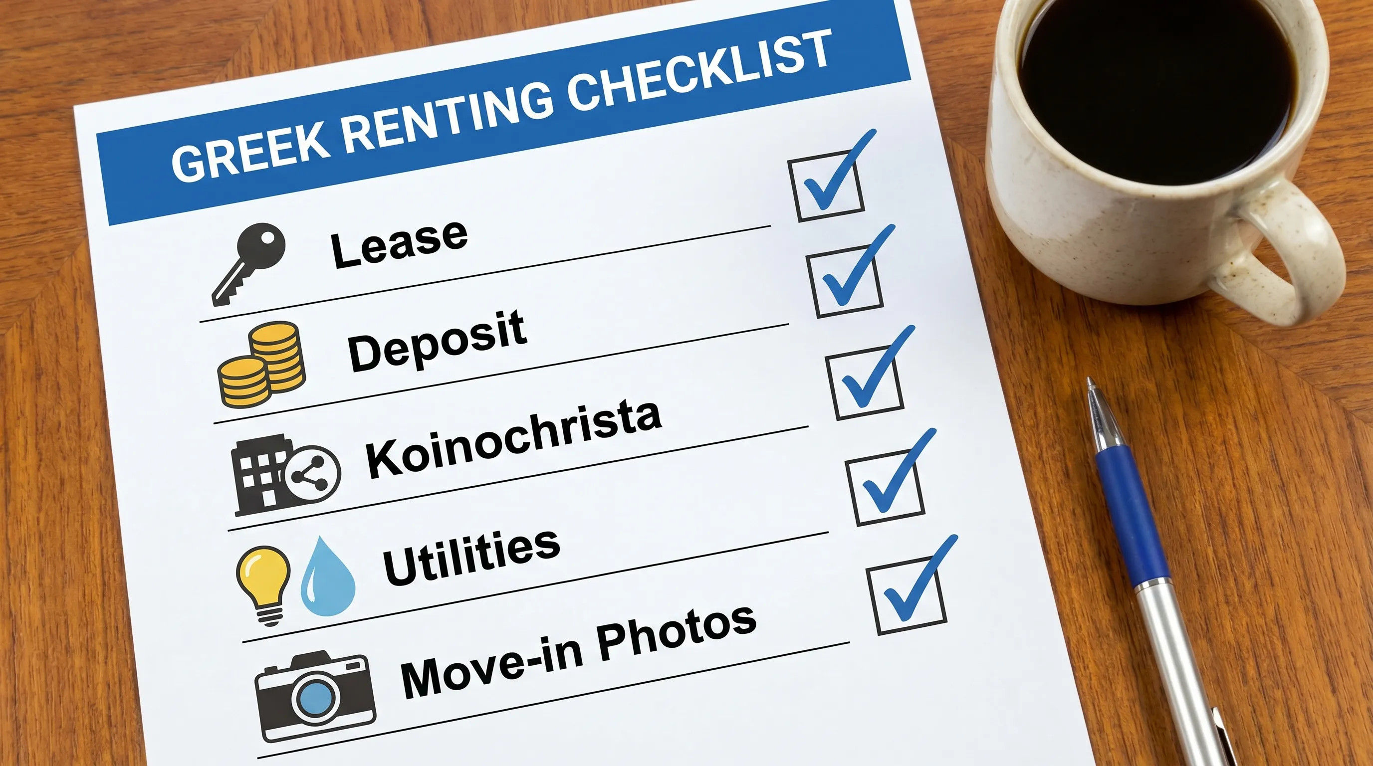 A simple visual checklist showing five icons labeled Lease, Deposit, Koinochrista, Utilities, and Move-in Photos, representing the key steps to renting safely in Greece.