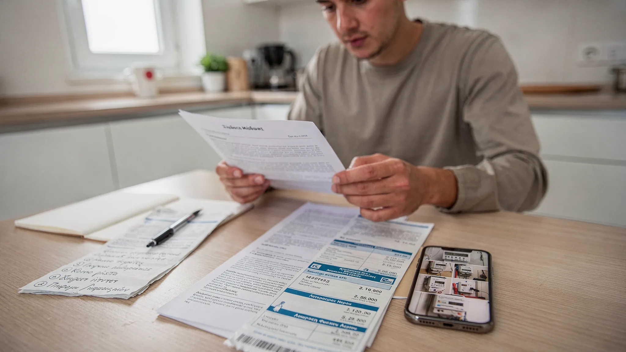 A renter reviewing a Greek apartment lease and a stack of recent utility bills on a kitchen table, with a smartphone showing meter photos and a notepad listing koinochrista and internet setup tasks.