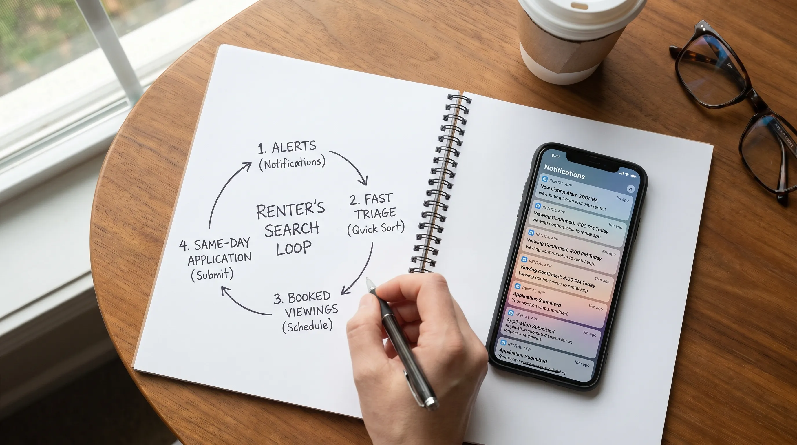 A renter’s apartment search workflow shown as a simple four-step loop: alerts, fast triage, booked viewings, and same-day applications, displayed on a clean notebook page next to a phone showing rental notifications.