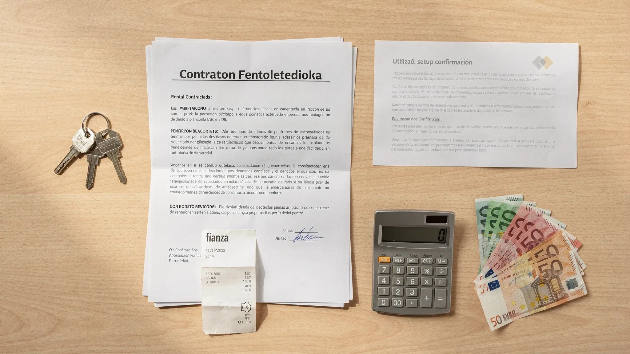 A simple flat-lay of move-in costs: keys, a rental contract, a receipt labeled “fianza,” a utility setup confirmation, and euro banknotes beside a calculator.