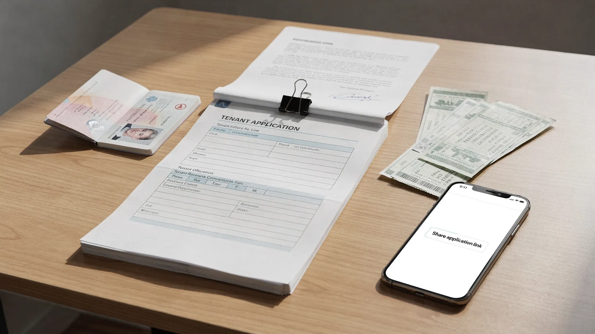A neatly organized tenant application packet on a desk with a passport, printed pay stubs, a reference letter, and a smartphone showing a single shareable link.