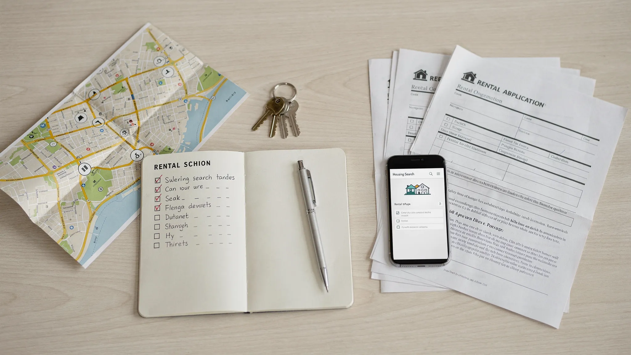 A tidy rental search setup with apartment keys, a notebook checklist, a city map, and printed application documents on a table.