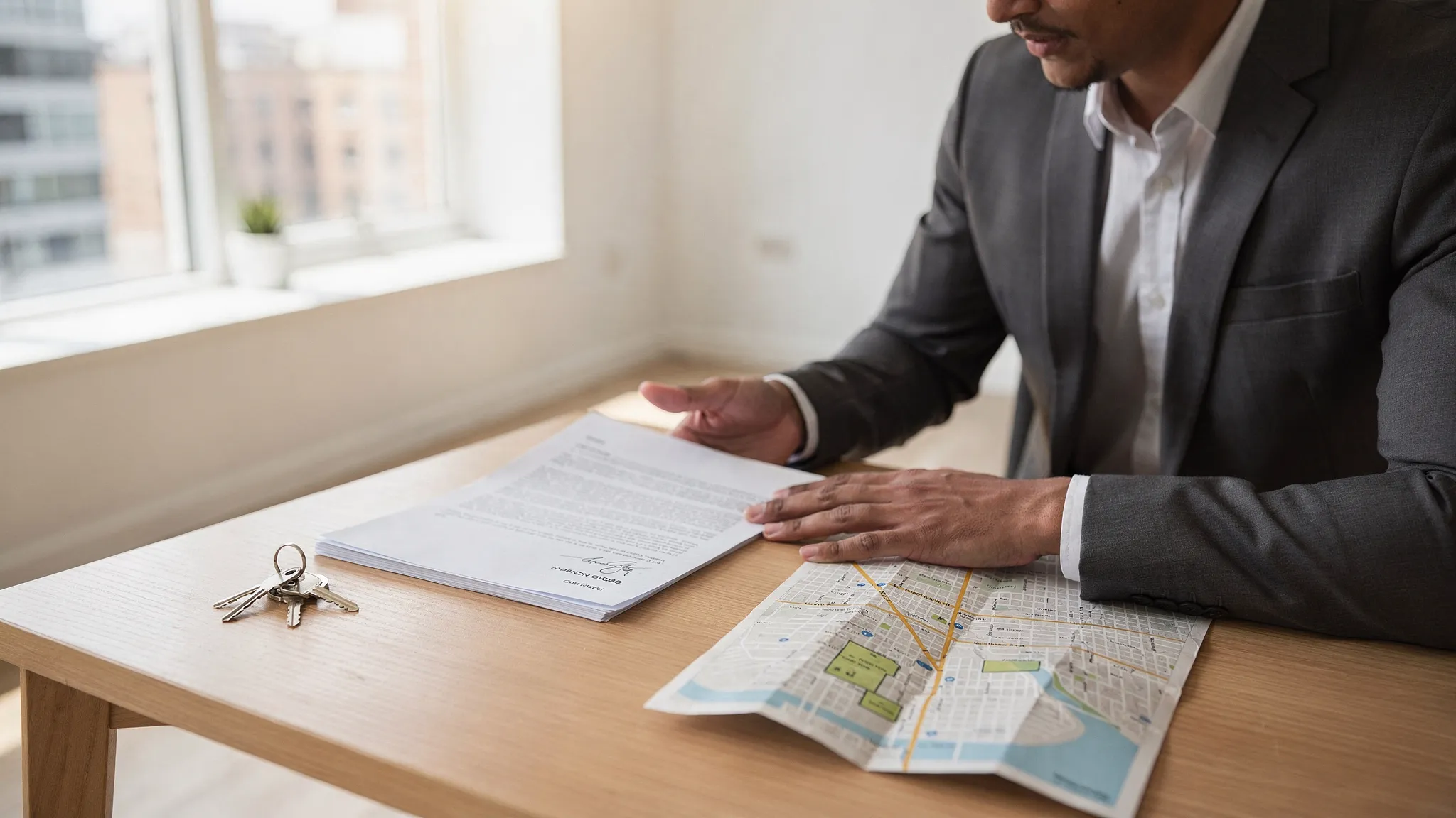 A renter reviewing apartment documents with a local rental agent in a bright empty apartment, with keys, lease paperwork, and a city map on the table.