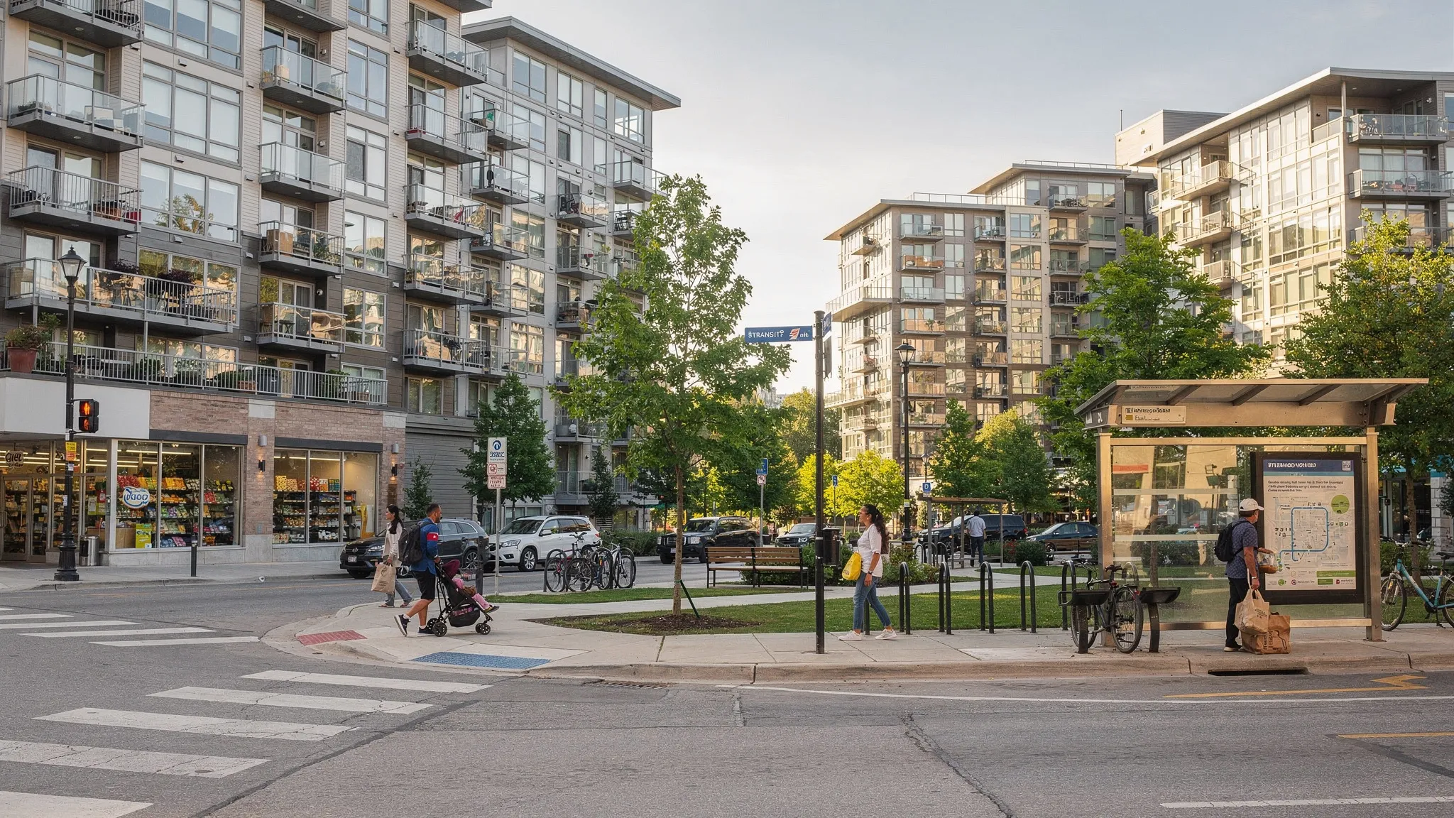 A residential micro-area with apartment buildings, a transit stop, grocery store, park, and quiet side streets showing how renters can evaluate daily-life access before choosing a home.