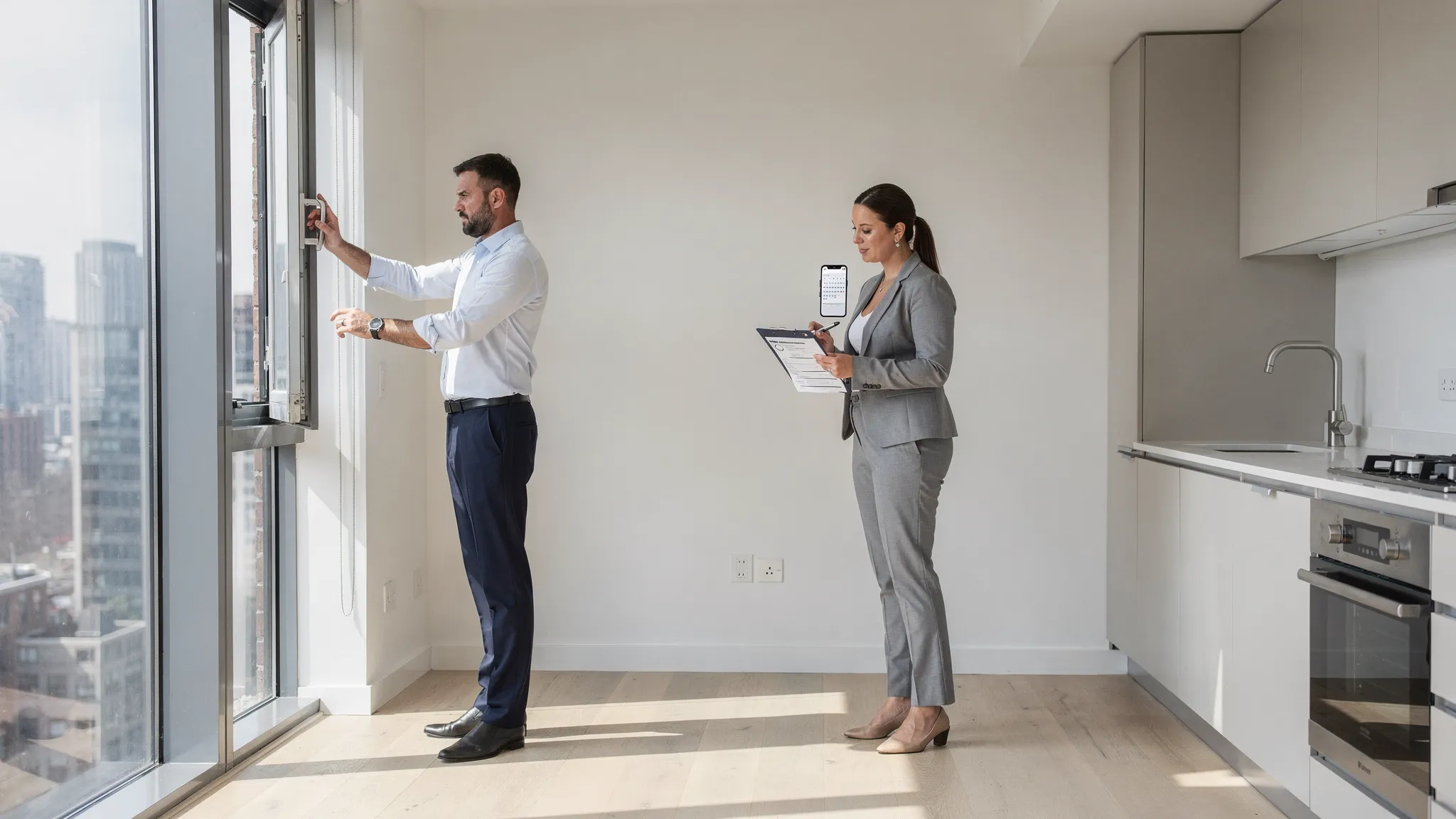 A relocation agent inspecting a bright unfurnished apartment during a supervised viewing, checking windows, kitchen fixtures, and building condition for a tenant relocating from abroad.