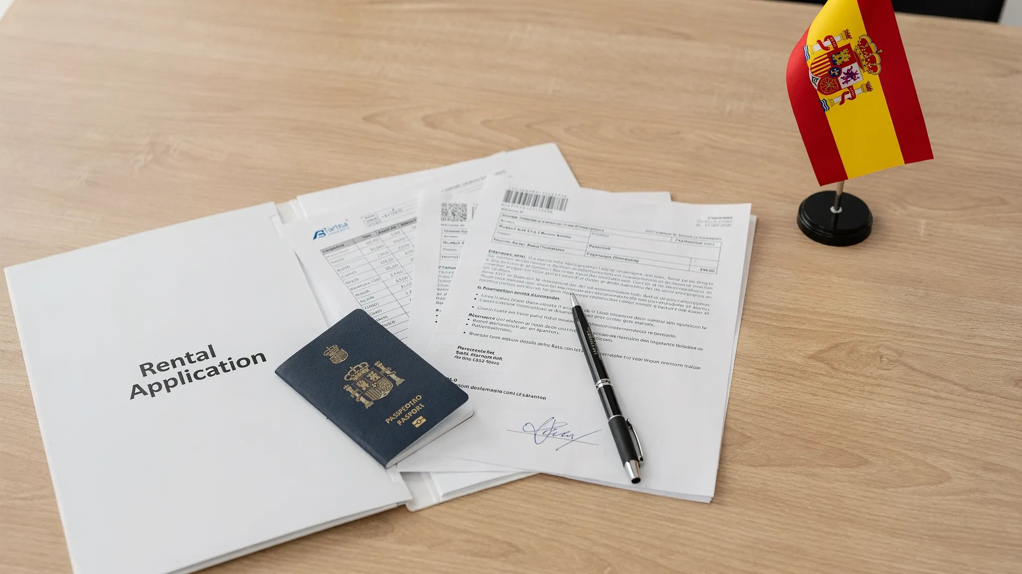 A neatly organized rental application dossier for Spain with a passport, income documents, bank statements, a signed reference letter, and a small Spanish flag on a desk.