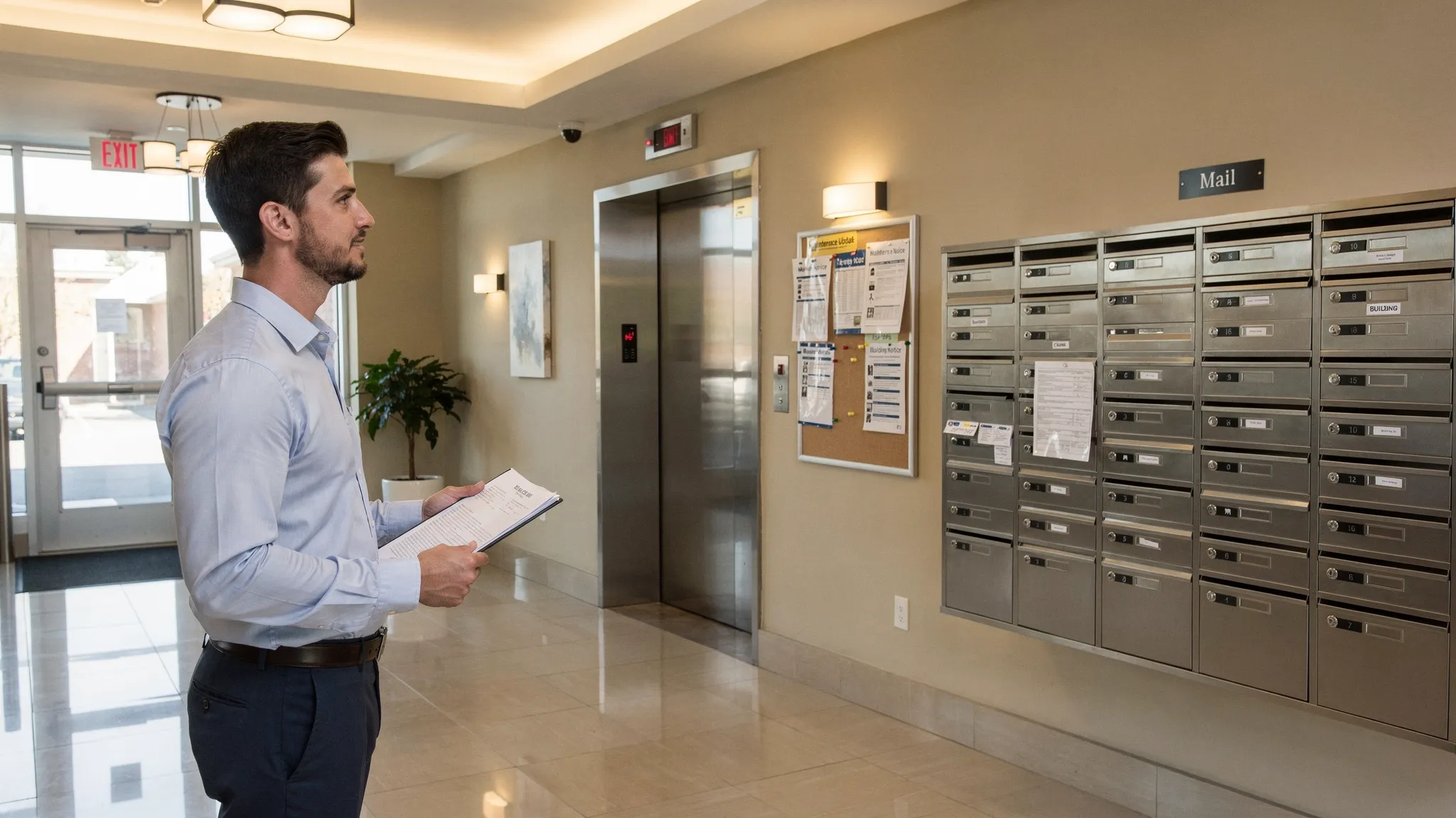 A renter standing in the lobby of a mid-rise apartment building, checking the mail area, elevator, hallway lighting, and posted maintenance notices before deciding whether to apply.