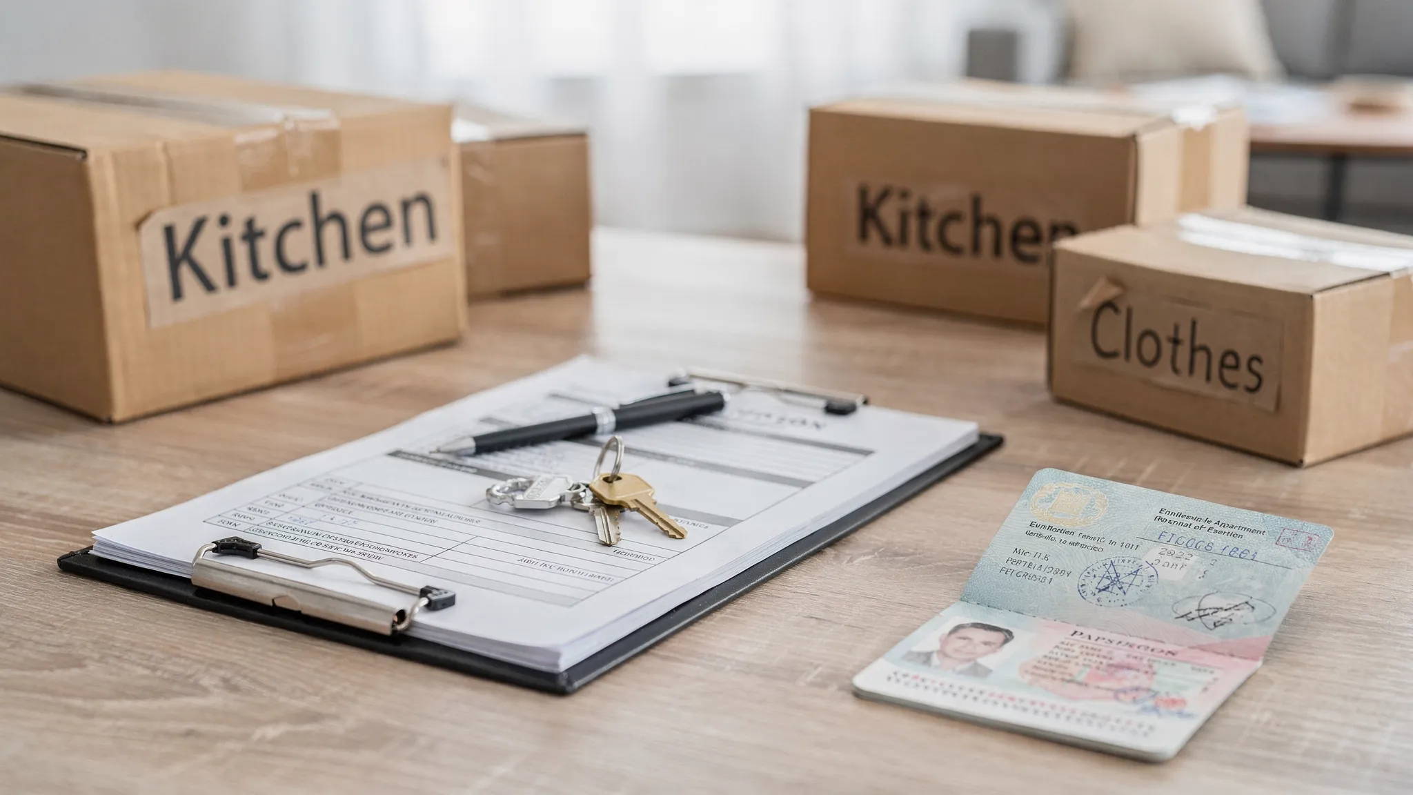 Apartment keys, a rental application folder, passport, and moving boxes arranged on a table, representing an international renter preparing for a supported apartment search.