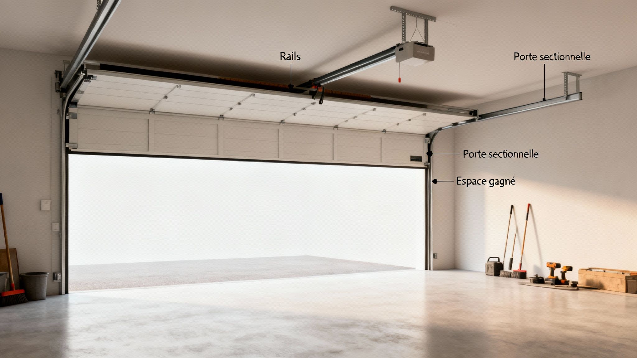 Garage moderne avec porte sectionnelle ouverte, montrant les rails, le moteur et l'espace de rangement.
