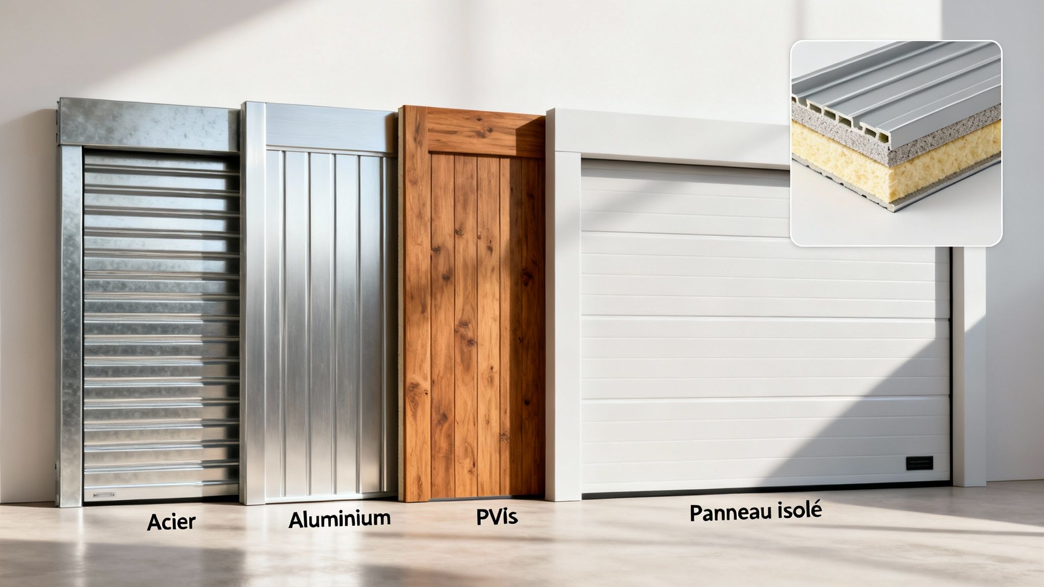 Quatre modèles de portes de garage : acier, aluminium, bois (PVIs) et panneau isolé, avec une coupe détaillée.
