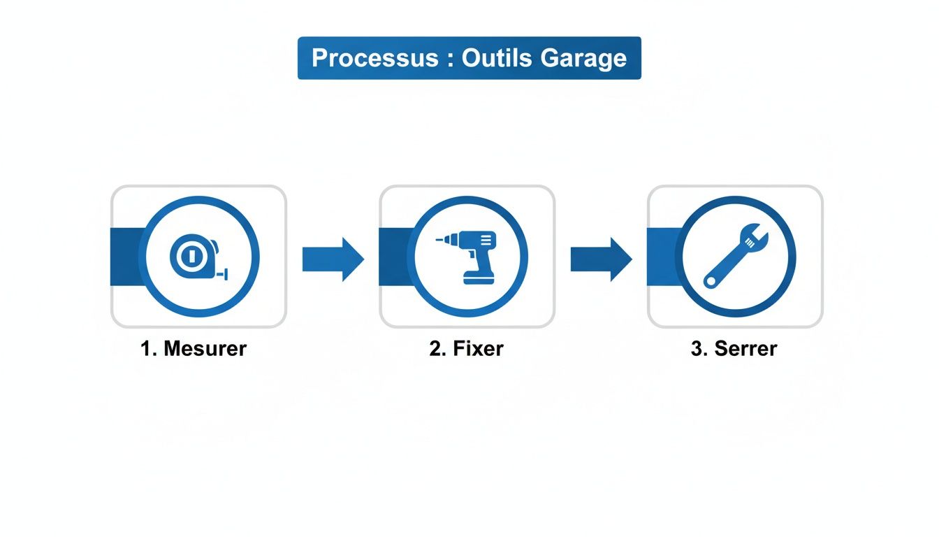 Infographie illustrant le processus d'utilisation d'outils de garage: mesurer, fixer et serrer, avec icônes.