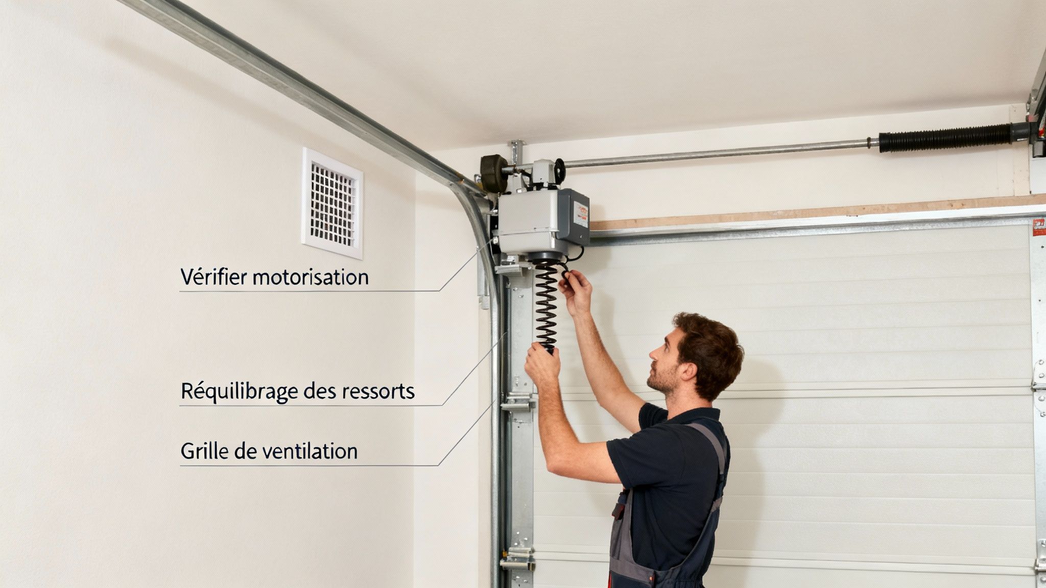 Un technicien ajuste les ressorts d'une porte de garage motorisée, vérifiant l'équilibrage et la ventilation.