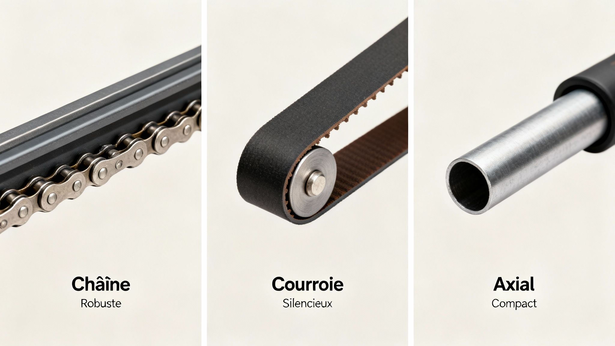 Trois types de motorisation pour porte de garage: chaîne (robuste), courroie (silencieux) et axial (compact).