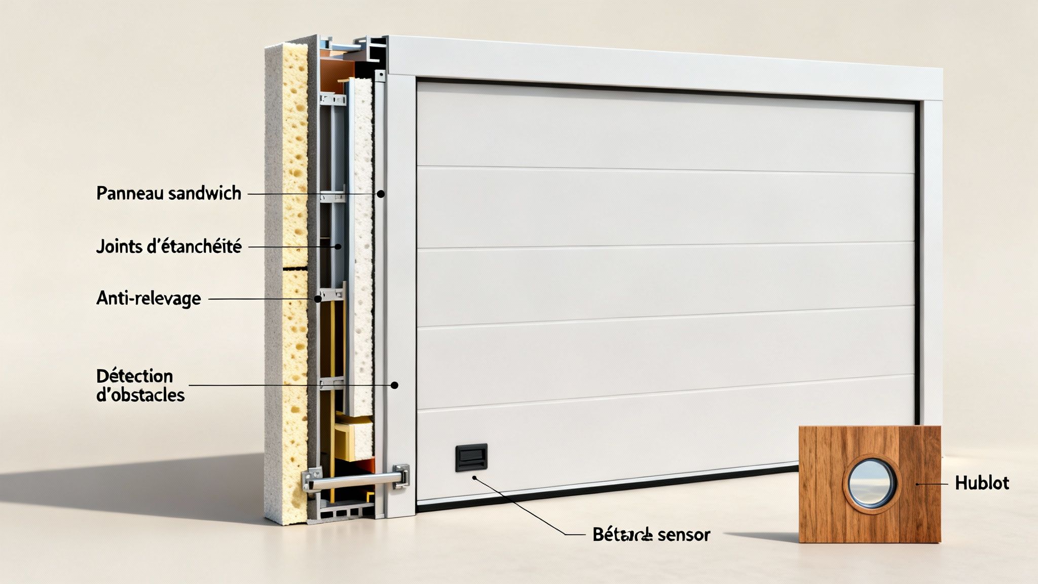 Vue en coupe d'une porte de garage motorisée illustrant ses panneaux, joints, mécanismes de sécurité, détection d'obstacles et hublot.