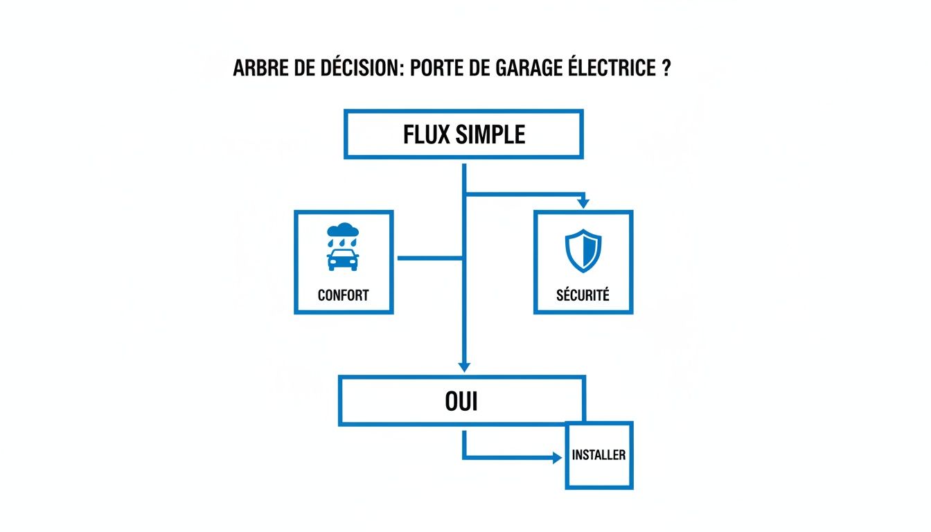 Diagramme de décision simple pour l'installation d'une porte de garage électrique, soulignant le confort et la sécurité.