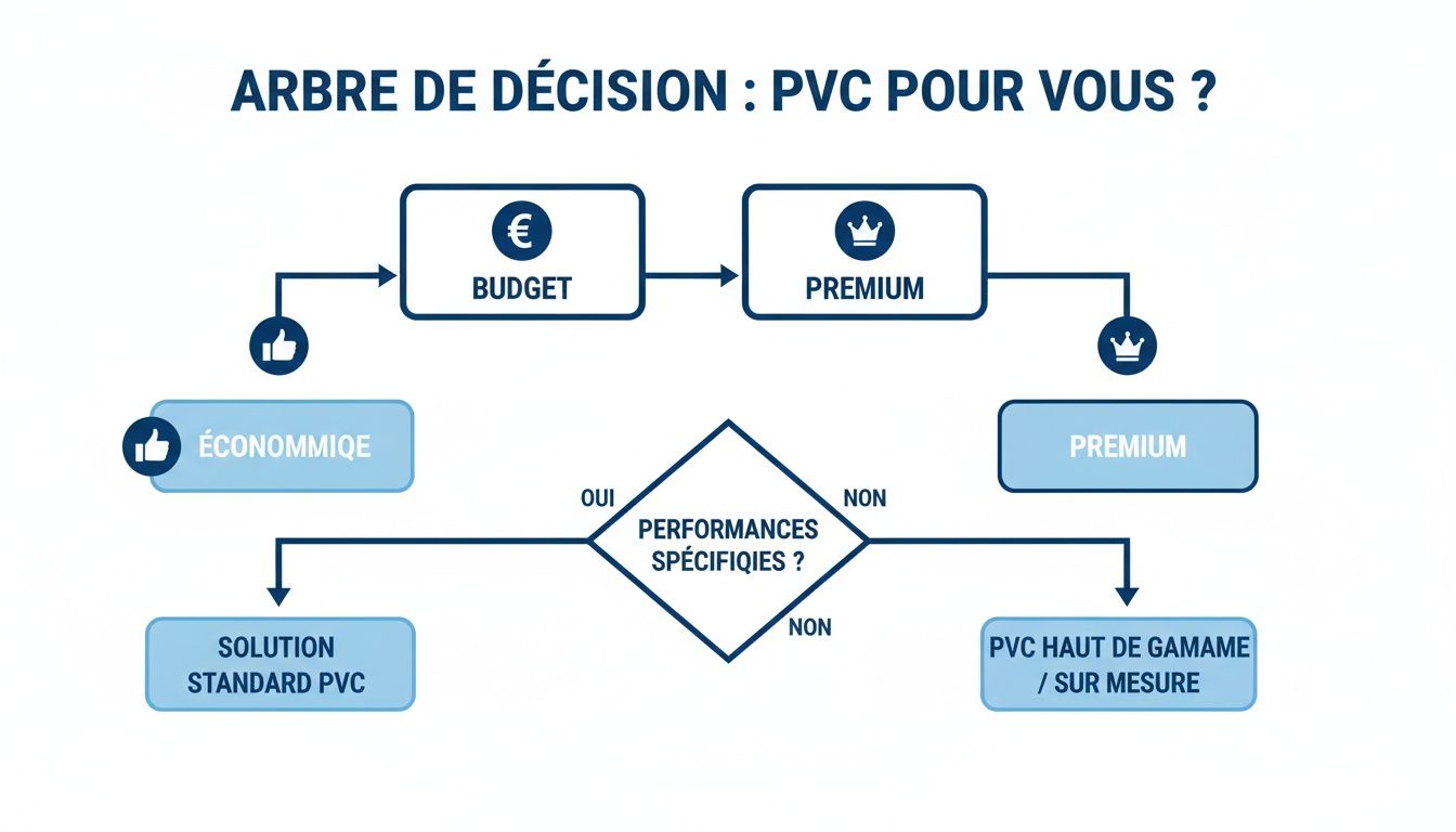 Arbre de décision illustrant le choix d'options PVC : économique, premium ou sur mesure selon vos besoins.