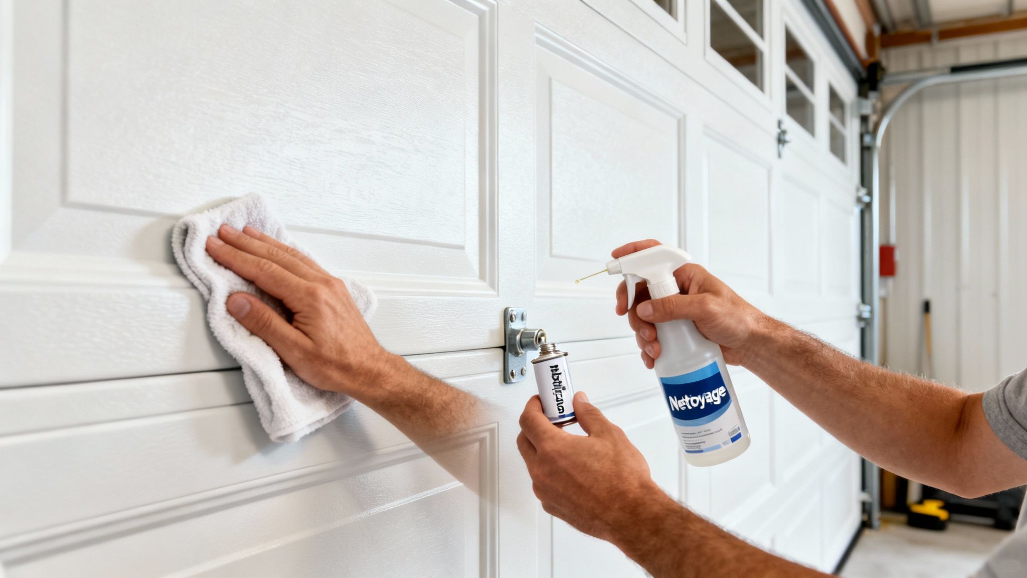Une personne nettoie et lubrifie une porte de garage blanche avec un chiffon et des produits d'entretien.