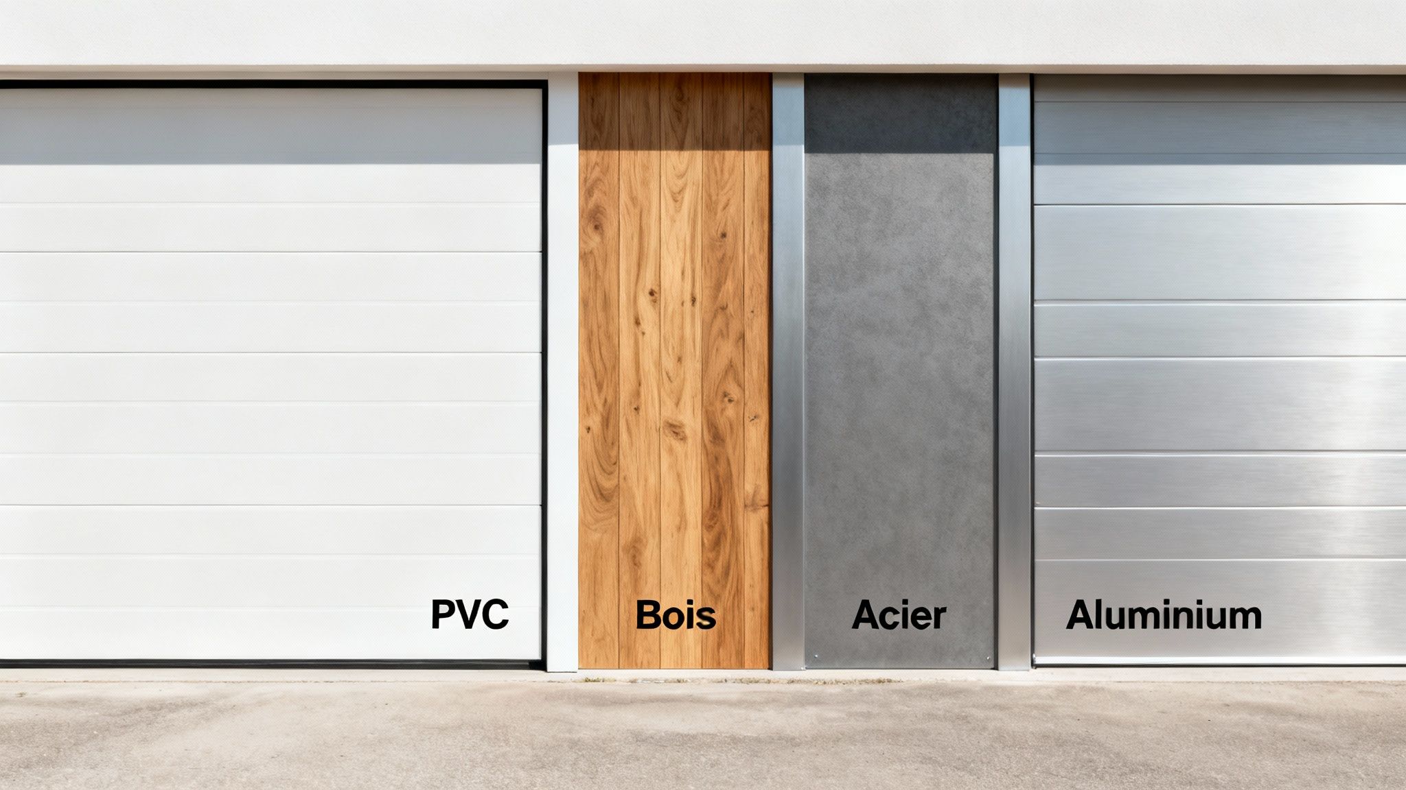 Quatre portes de garage côte à côte, présentant des matériaux variés : PVC, bois, acier et aluminium.