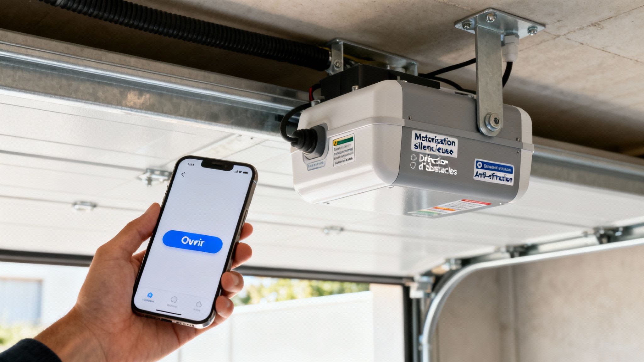 Main tenant un smartphone avec l'application de contrôle d'une motorisation silencieuse de porte de garage.