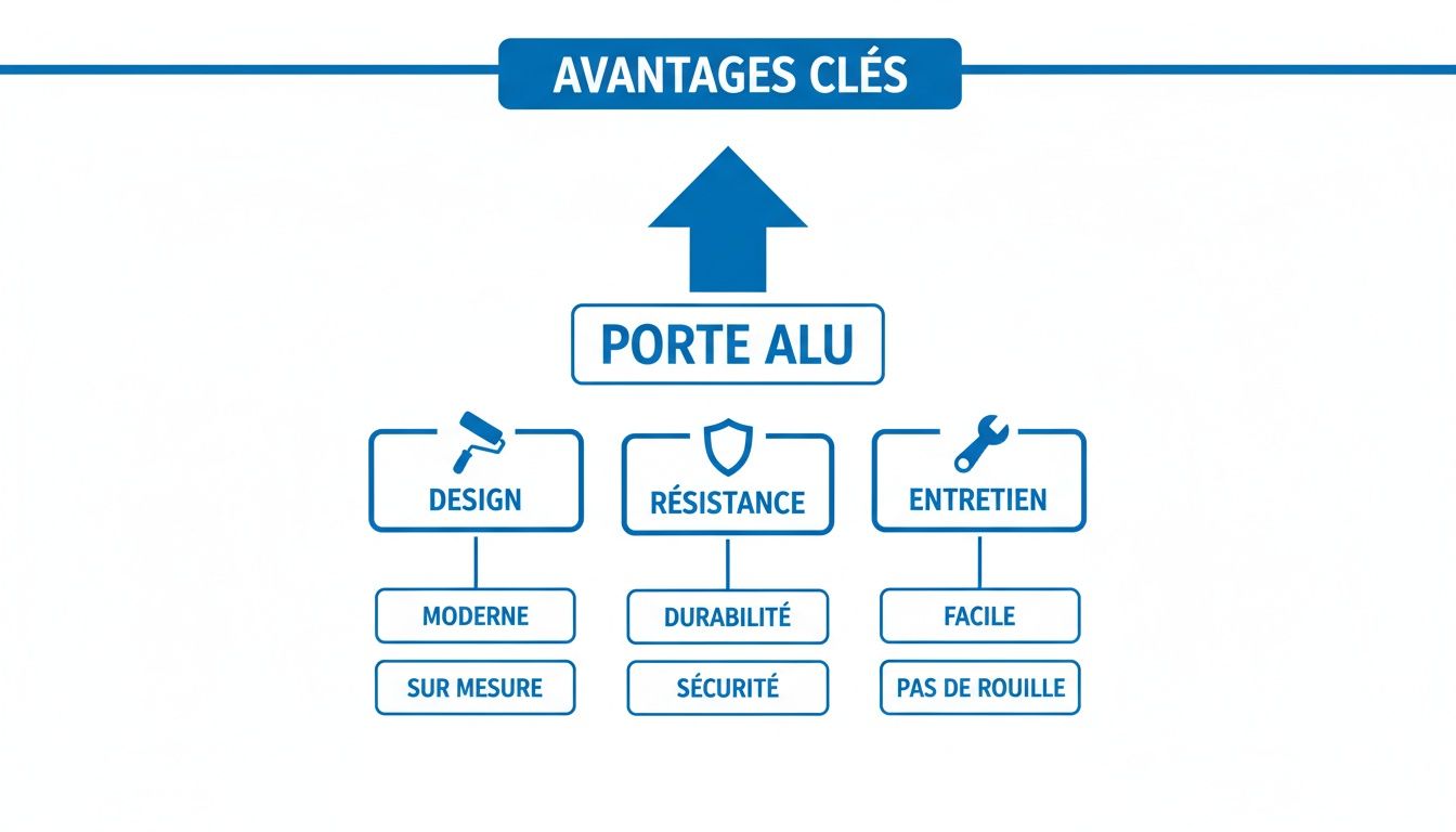 Infographie détaillant les avantages clés d'une porte en aluminium : design moderne et sur mesure, résistance durable et sécurité, ainsi qu'un entretien facile sans rouille.