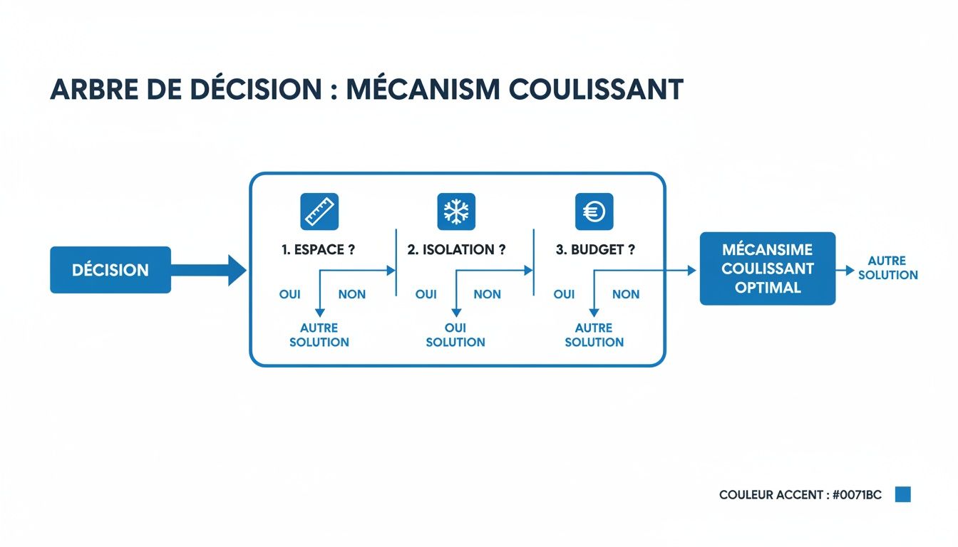 Arbre de décision pour choisir un mécanisme coulissant optimal, basé sur l'espace, l'isolation et le budget.