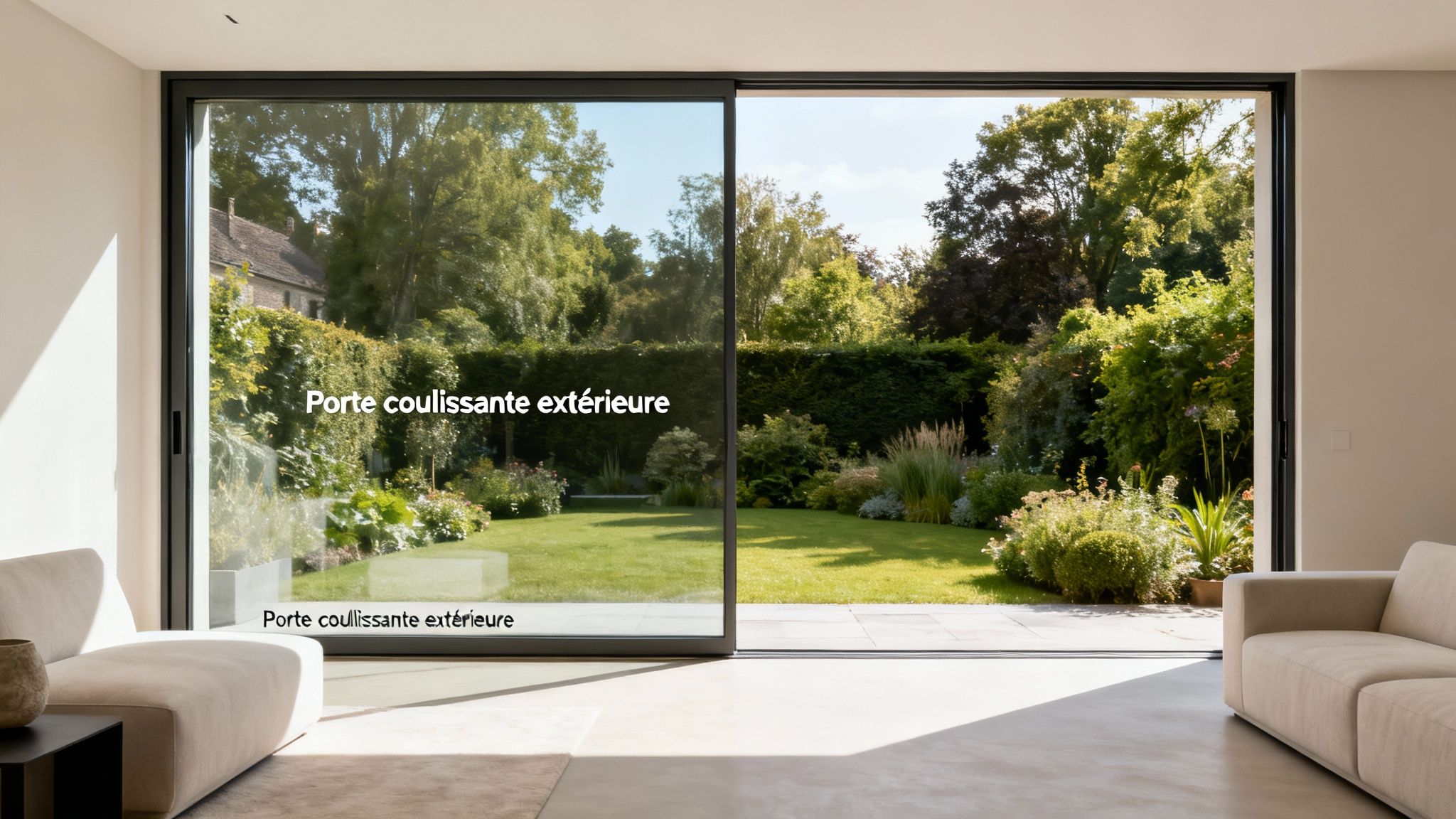 Grande porte coulissante en verre s'ouvrant sur un jardin verdoyant et luxuriant depuis un salon moderne.