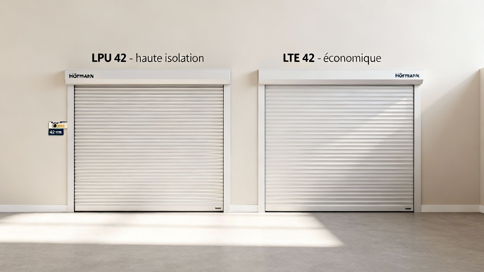 Deux portes de garage sectionnelles Hörmann, LPU 42 (haute isolation) et LTE 42 (économique).