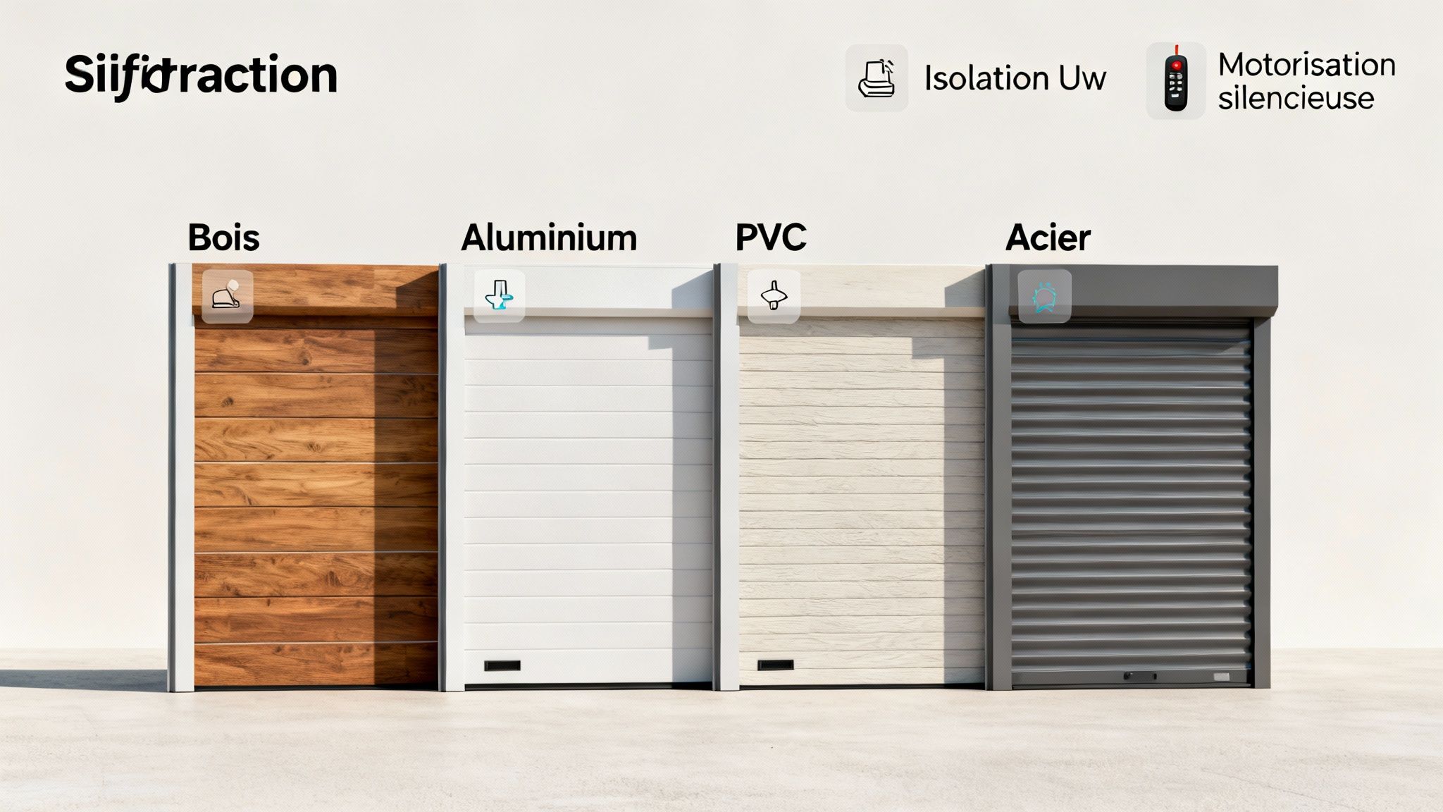 Quatre types de portes de garage: bois, aluminium, PVC et acier, avec icônes d'isolation et motorisation silencieuse.
