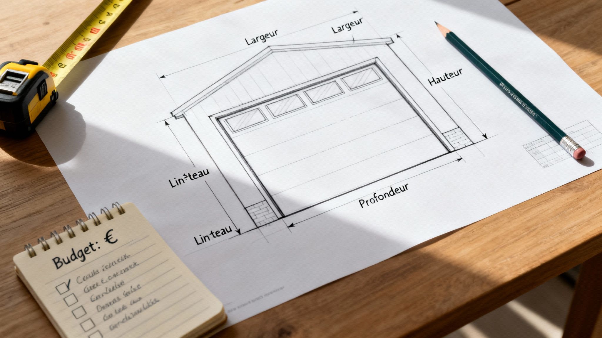 Un plan détaillé de garage avec dimensions, un mètre ruban, un crayon et une liste de budget sur une table en bois.