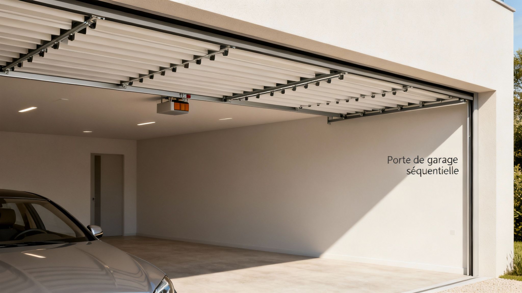 Vue intérieure d'un garage moderne avec une porte séquentielle ouverte et un mécanisme motorisé.