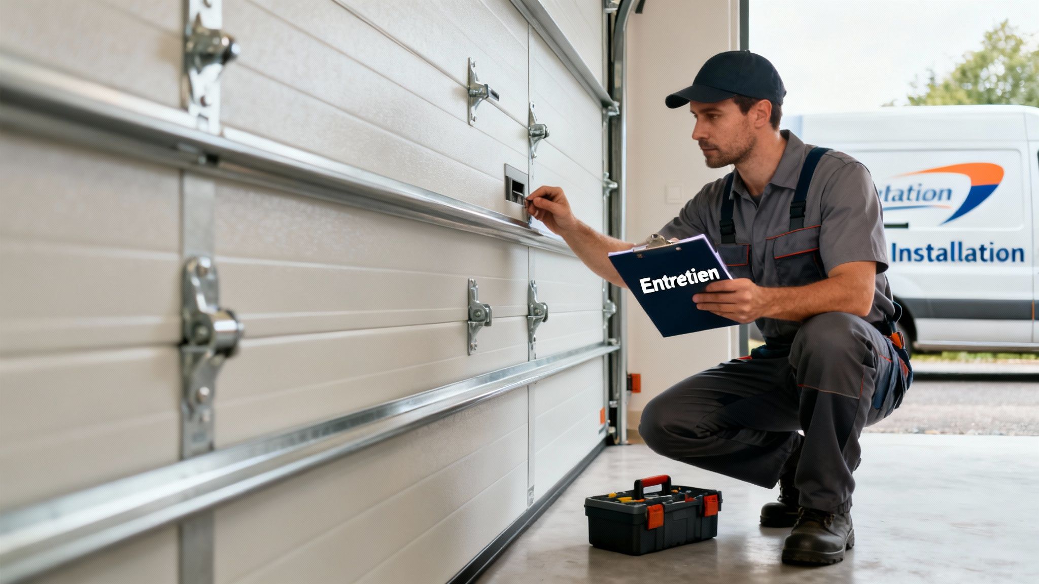 Un technicien en uniforme inspecte une porte de garage, tenant un presse-papiers "Entretien", avec sa boîte à outils et un véhicule de service.