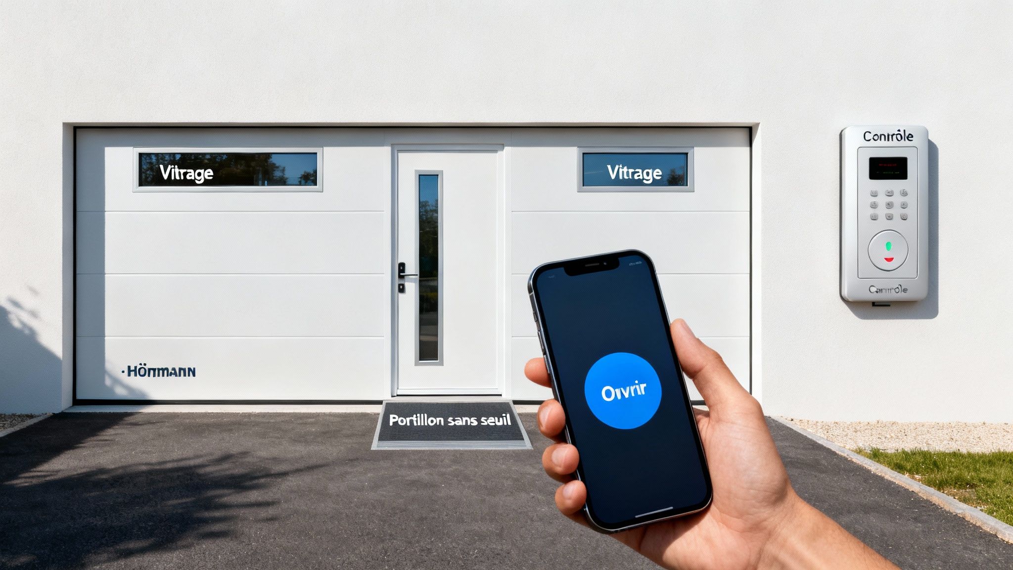 Main avec smartphone affichant "Ouvrir" devant un portail de garage Hörmann blanc, porte piétonne et panneau de contrôle.