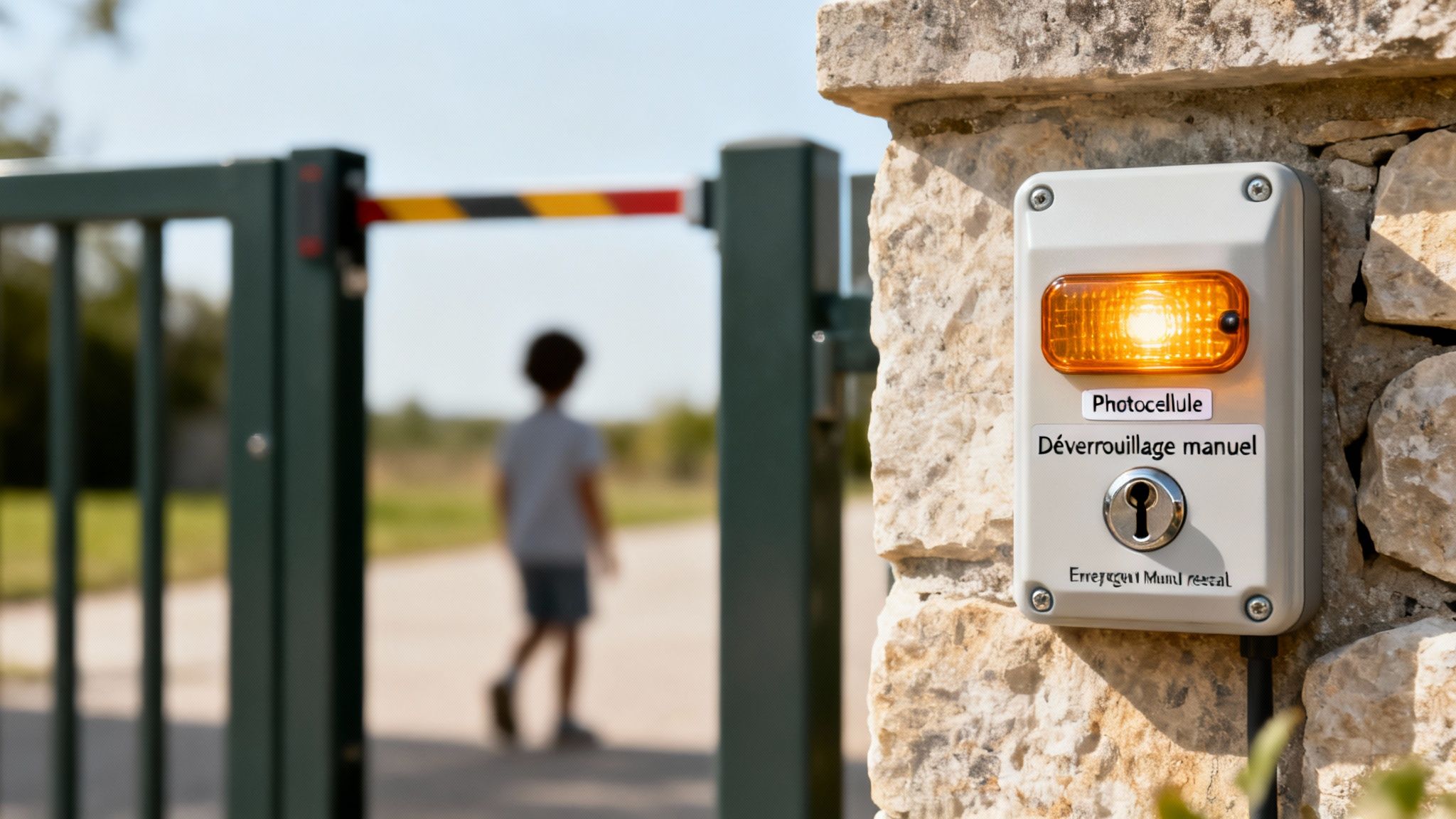 Panneau de contrôle de portail automatique avec voyant lumineux et clé, un enfant en arrière-plan.