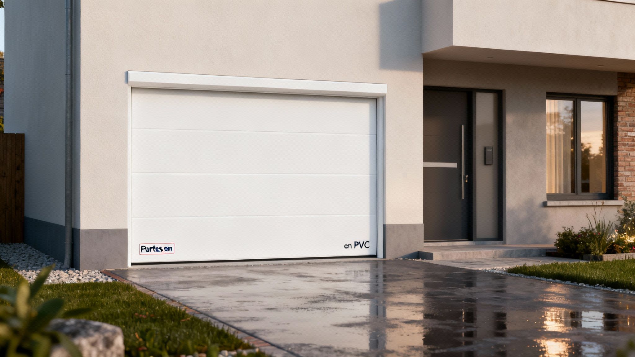 Une maison moderne avec une porte de garage blanche "Portes en PVC" et une entrée principale sombre, entourée de verdure.