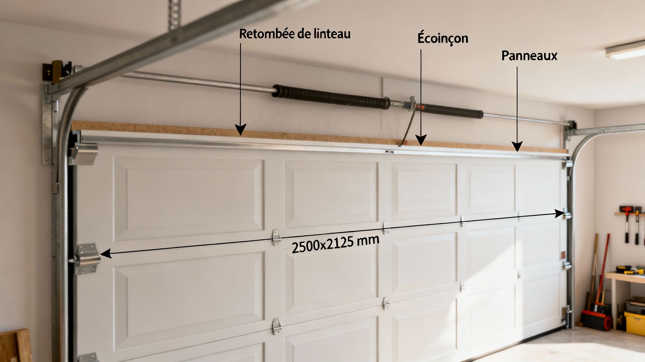 Porte de garage sectionnelle blanche avec dimensions 2500x2125 mm et annotations des éléments structurels (linteau, écoinçon, panneaux).