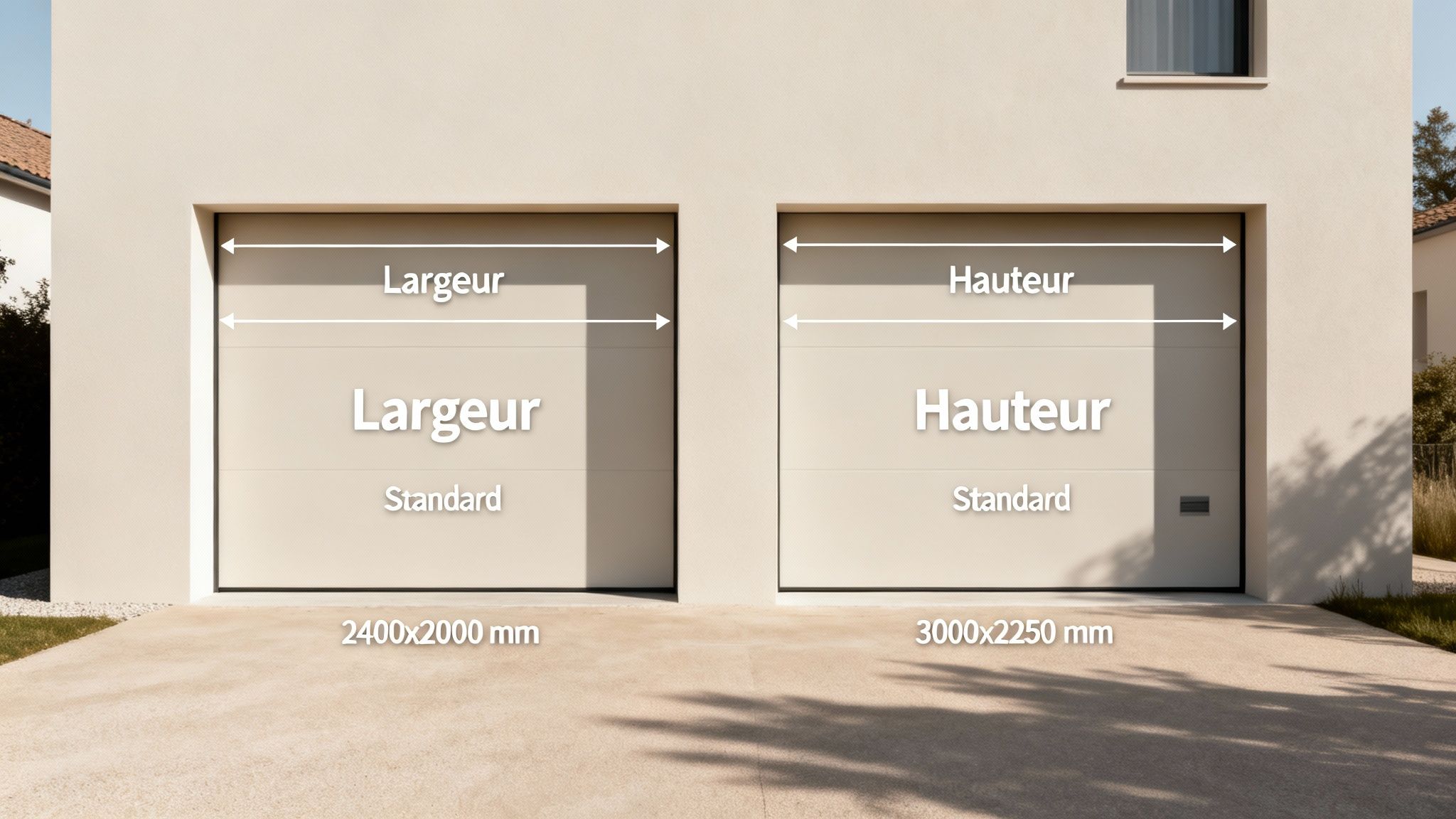 Deux portes de garage illustrant les dimensions standard de largeur et hauteur en millimètres.